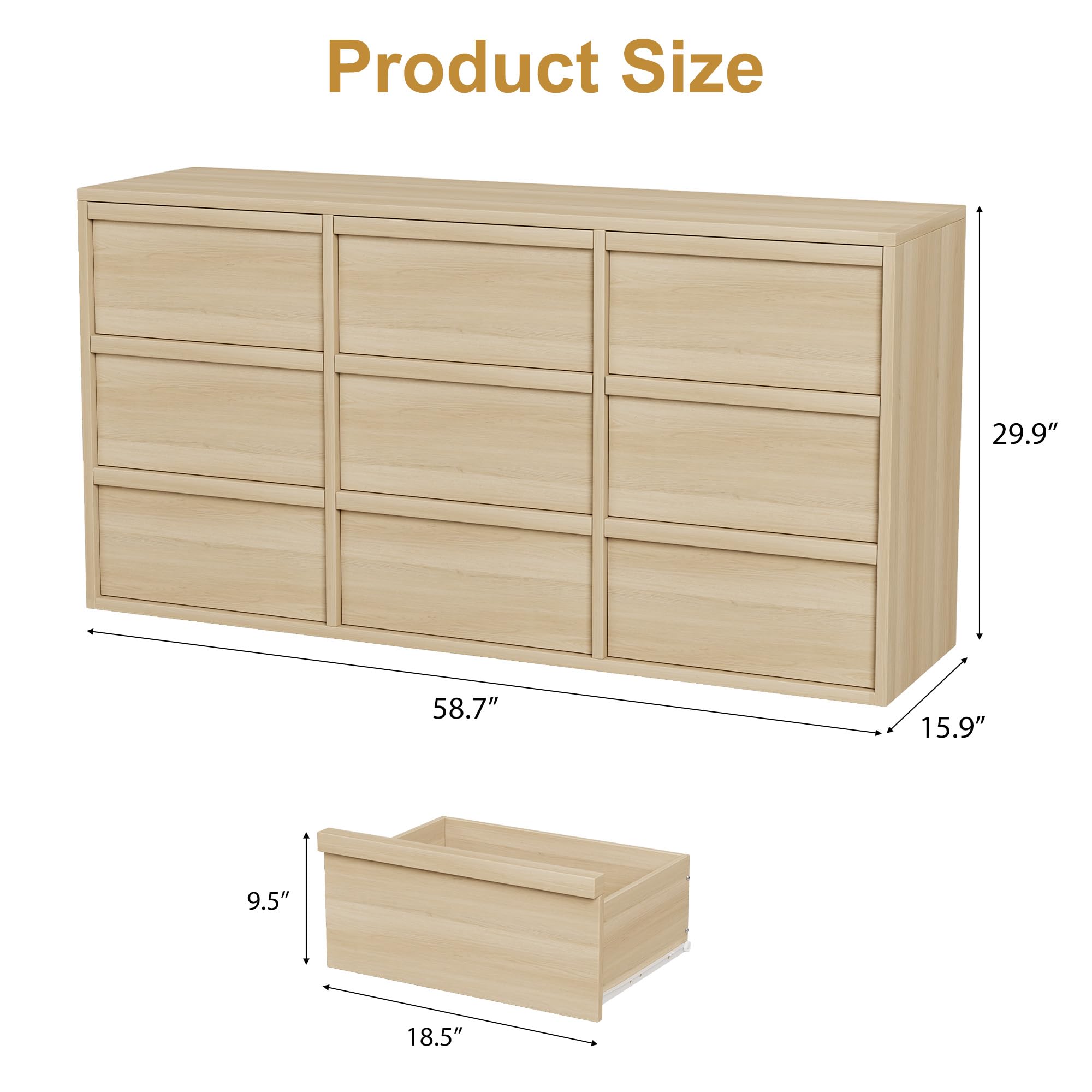 Garvee 9 Dresser for Bedroom, 58.7" Wide Dresser, Freestanding Horizontal Drawer with Storage, Wooden Closet Chest Storage for Living Room, Hallway, Entryway