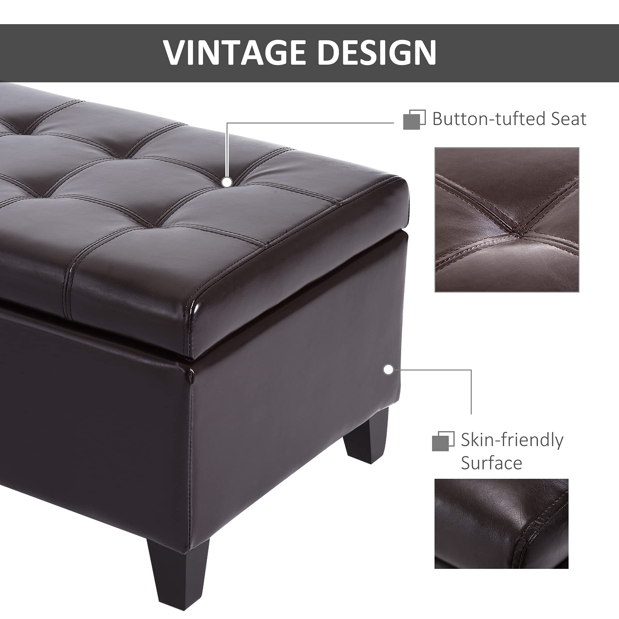 HOMCOM 51" Ottoman Storage Bench, Faux Leather Storage Chest with Lift Top, Tufted Ottoman for Living Room, Entryway, Dark Brown