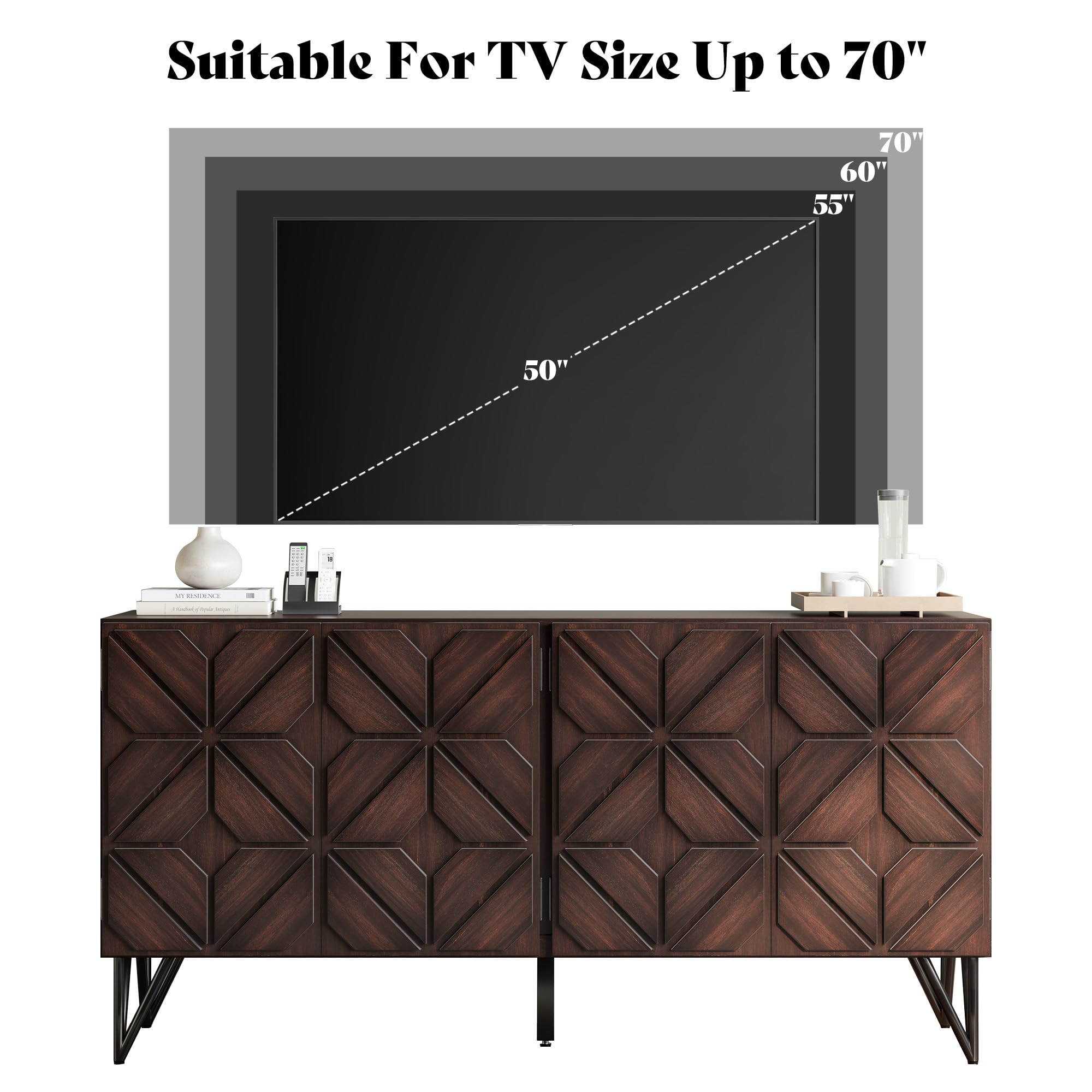 63" Wood Sideboard Buffet Cabinet with Hand-Carved Doors