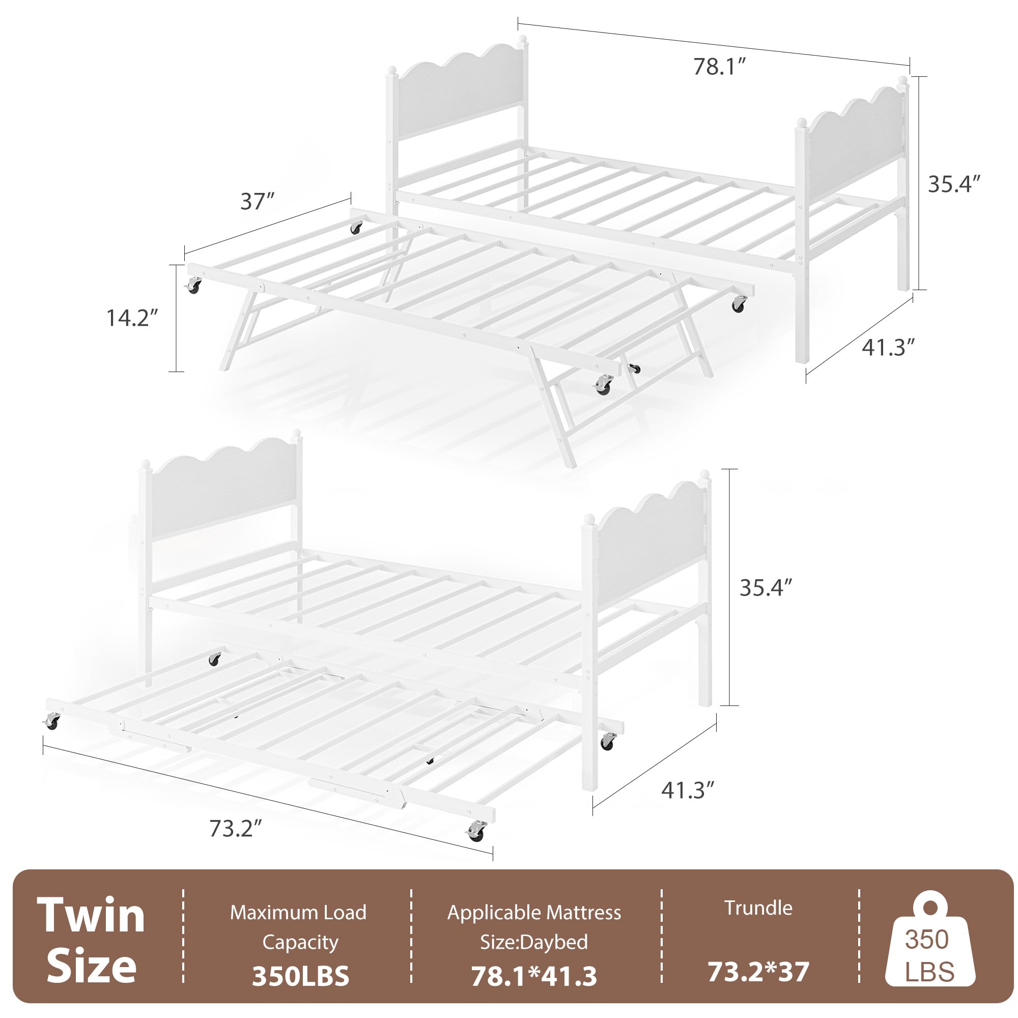 Garvee Twin Daybed with Trundle, Day Bed with Industrial Wood Grain Headboard, Steel Slats Support & Lockable Casters, Space-Saving & Multifunctional, Easy Assembly for Living Room, Bedroom, White