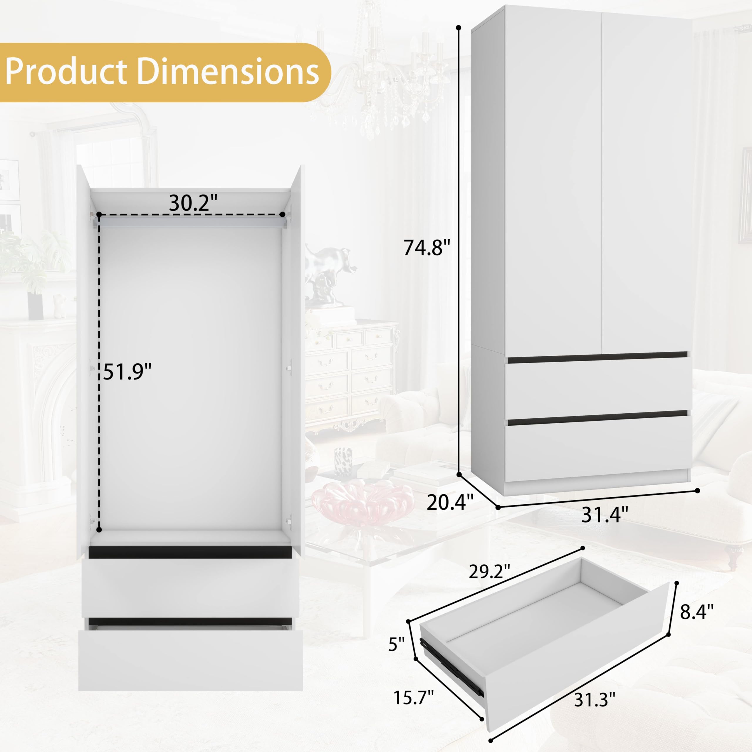 White Wardrobe Closet with 2 Doors & Drawers