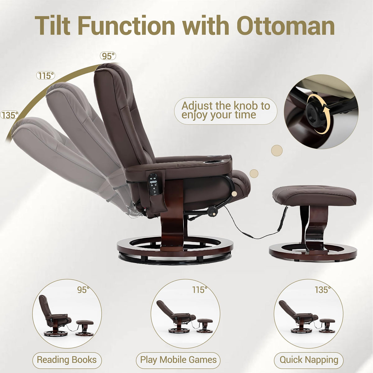 WENTUM Massage Recliner with Ottoman, Swivel Wood Base, Accent Chair, Faux PU Leather Lounge Chair with Footrest for Living Room Bedroom, Brown
