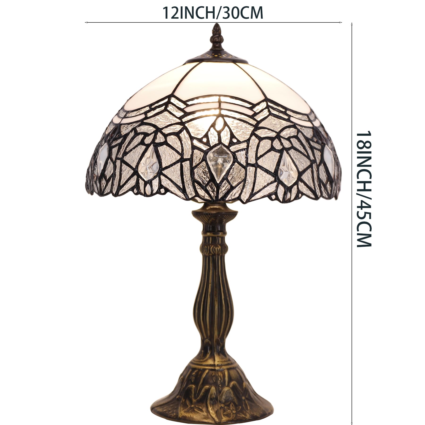 WERFACTORY Tiffany Lamp White Bent Stained Glass Bedside Table Lamp Desk Reading Light 12X12X18 Inches Decor Bedroom Living Room Home Office S508W Series