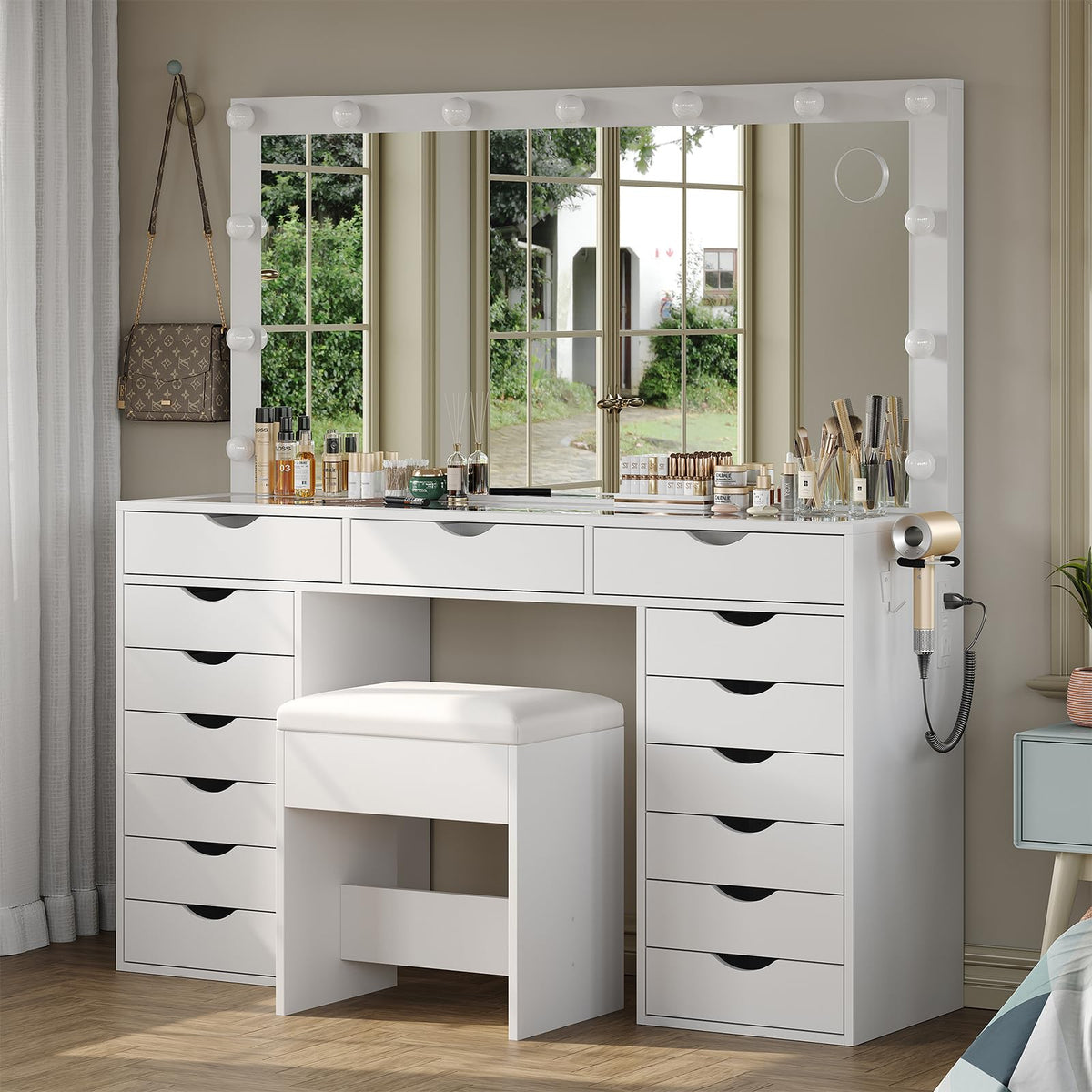 15-Drawer LED Makeup Vanity with Stool