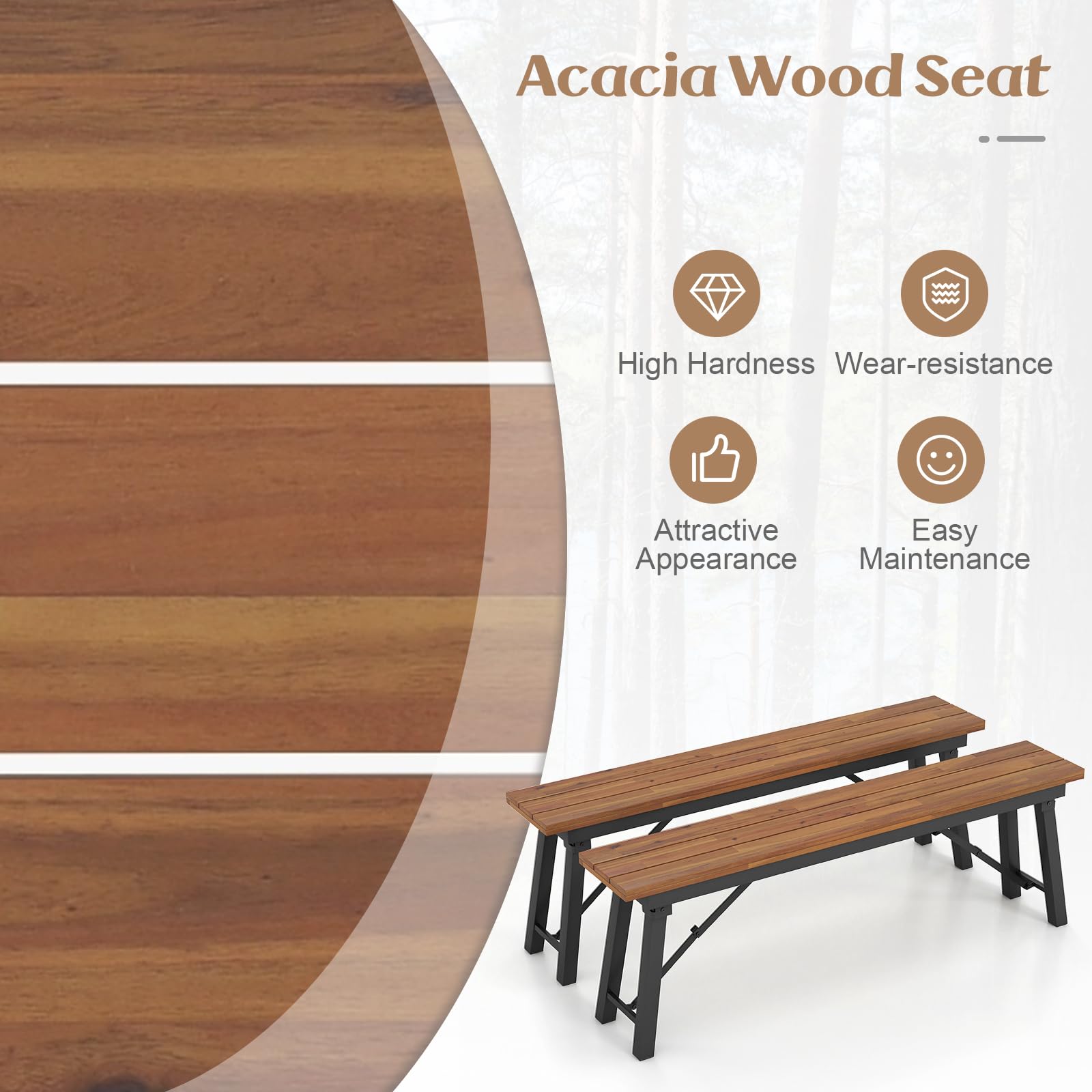 Folding Acacia Wood Outdoor Bench, Set of 2