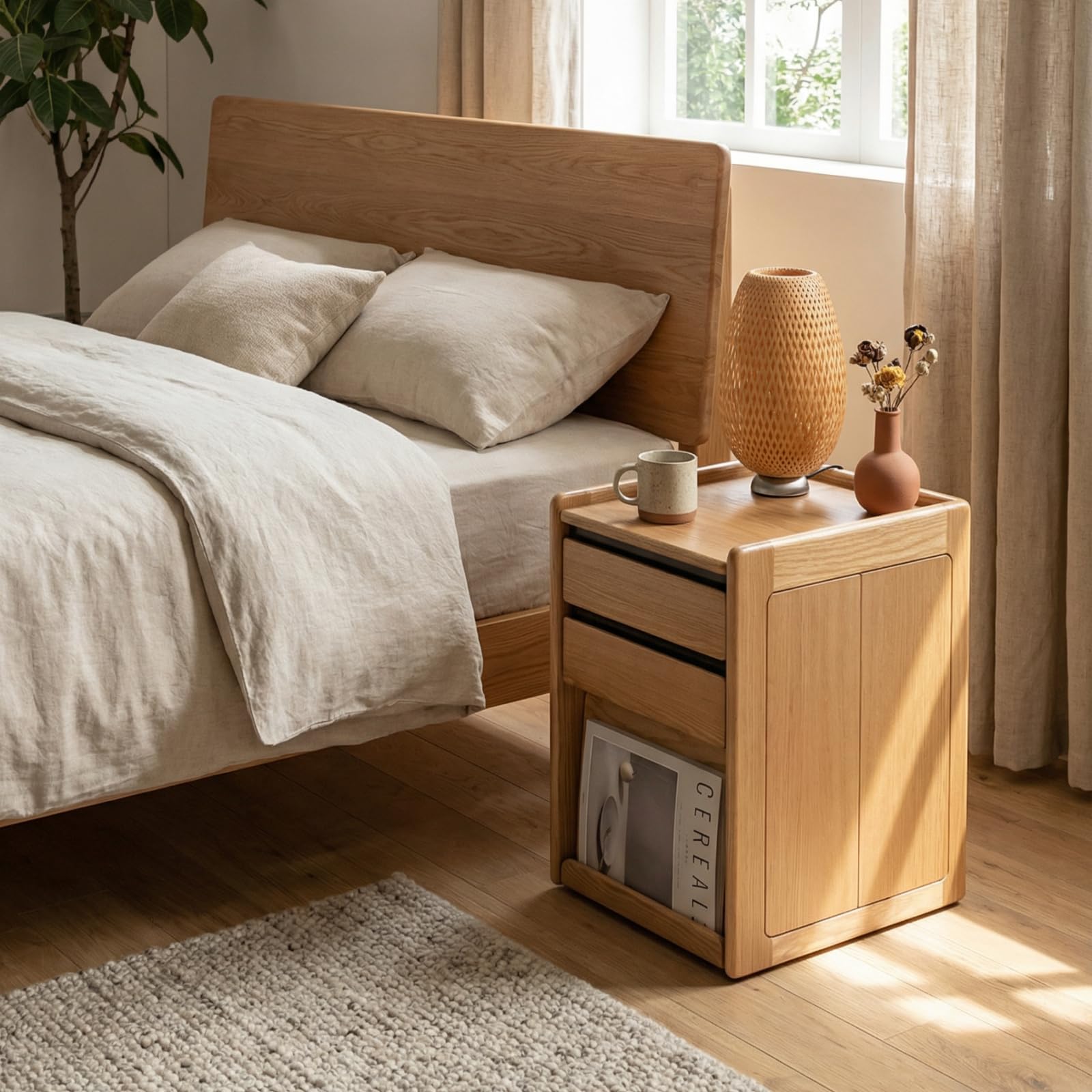Solid Wood Rolling Side Table with Storage
