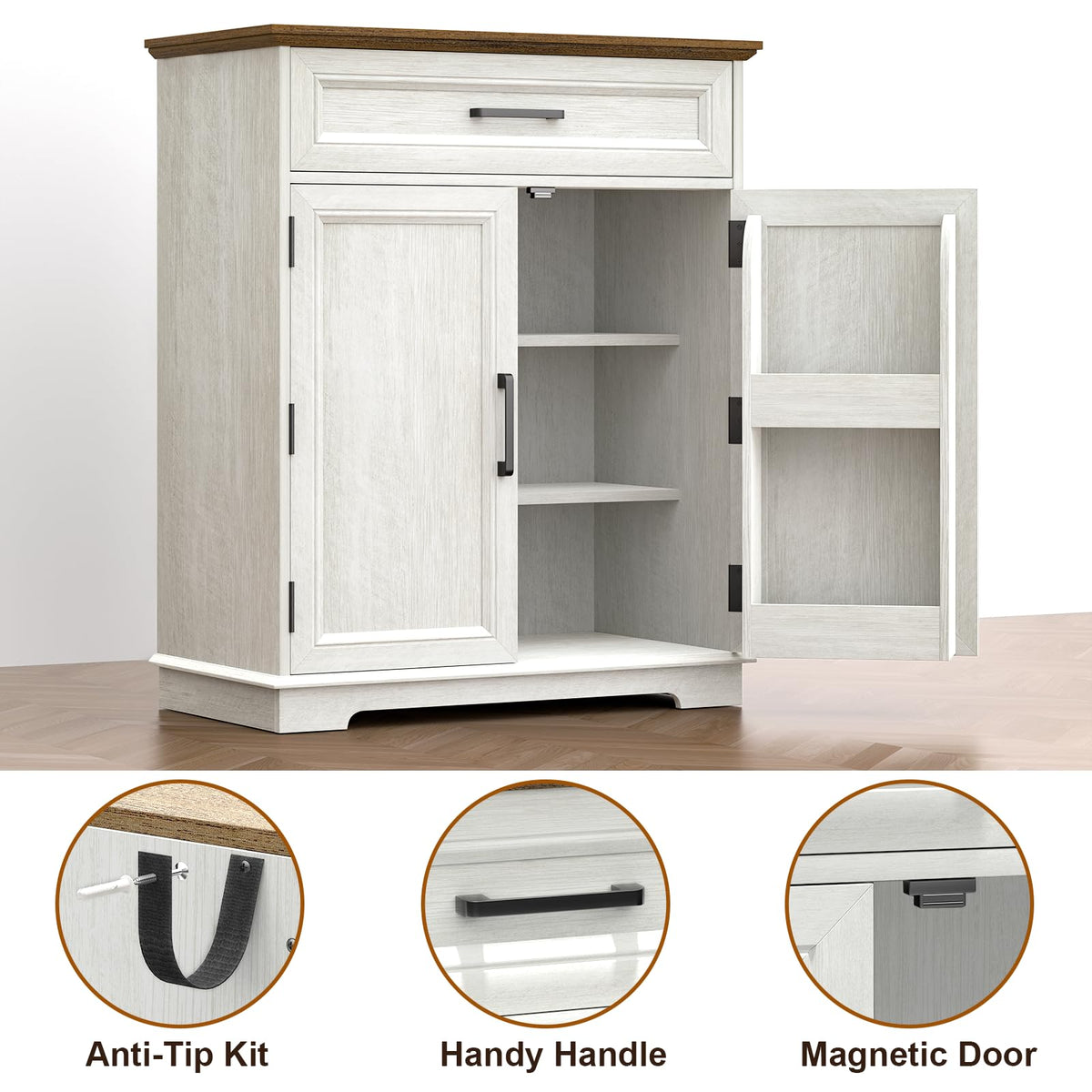 REDAYFUR Kitchen Storage Cabinet with Drawer, Buffet Cabinet with Storable Door, Modern Floor Sideboard, White Freestanding for Kitchen