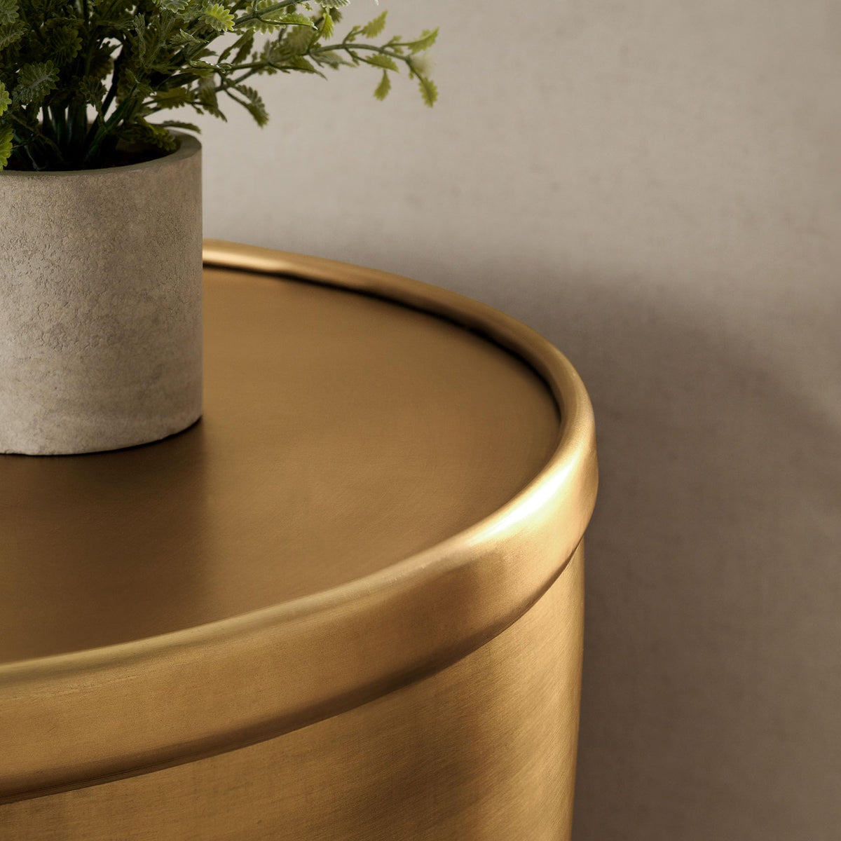Brass-Finish Drum Storage Side Table