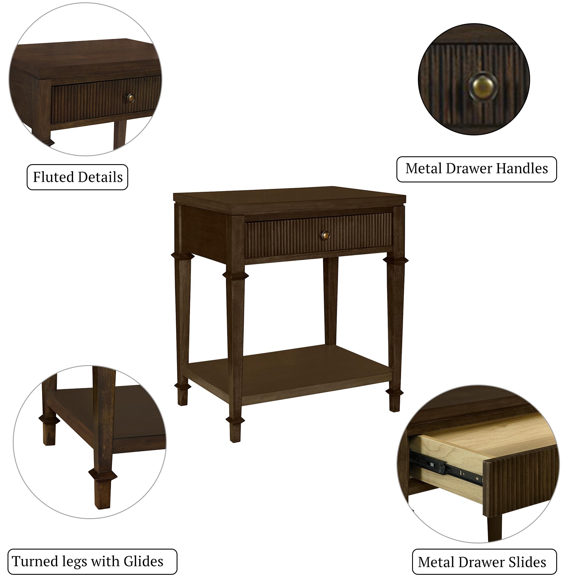Martha Stewart Kenna Drawer Nightstand for Bedroom Nightstand with Drawer Lily Pond Collection Bedside Table Cottage Design Fluted Drawer, Metal Hardware, Coastal Bedroom Furniture, 26" H Dark Coffee