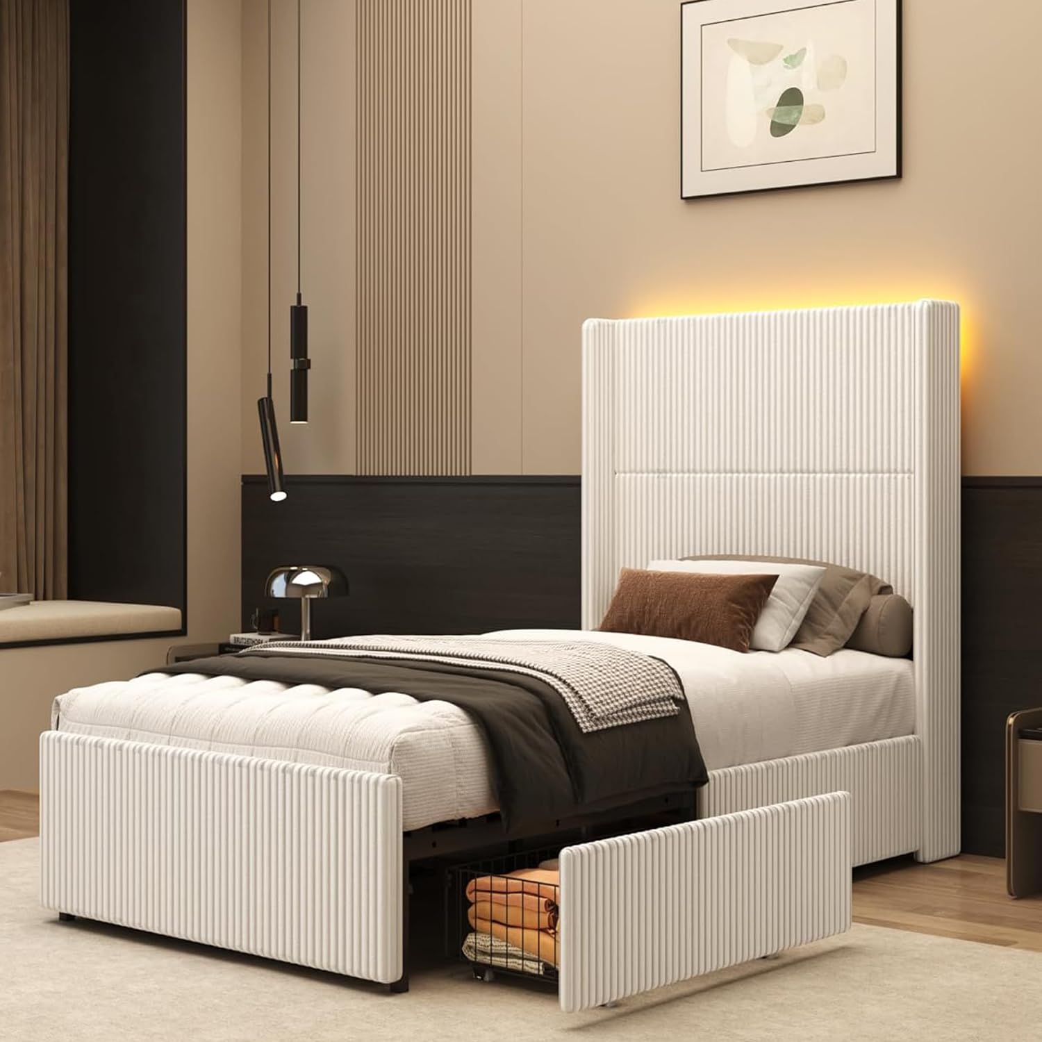 Hlivelood Twin Size Bed Frame with 52” Tall Corduroy Wingback Headboard, Upholstered Platform Bed with 2 Storage Drawers & LED Lights, Vertical Stripes, No Box Spring Needed, Noise-Free, Cream