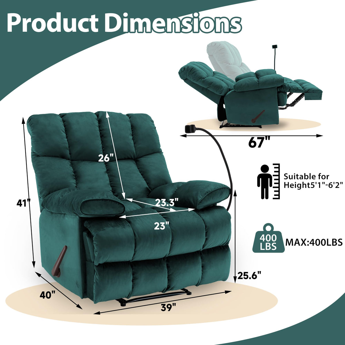 Teal Oversized Manual Recliner