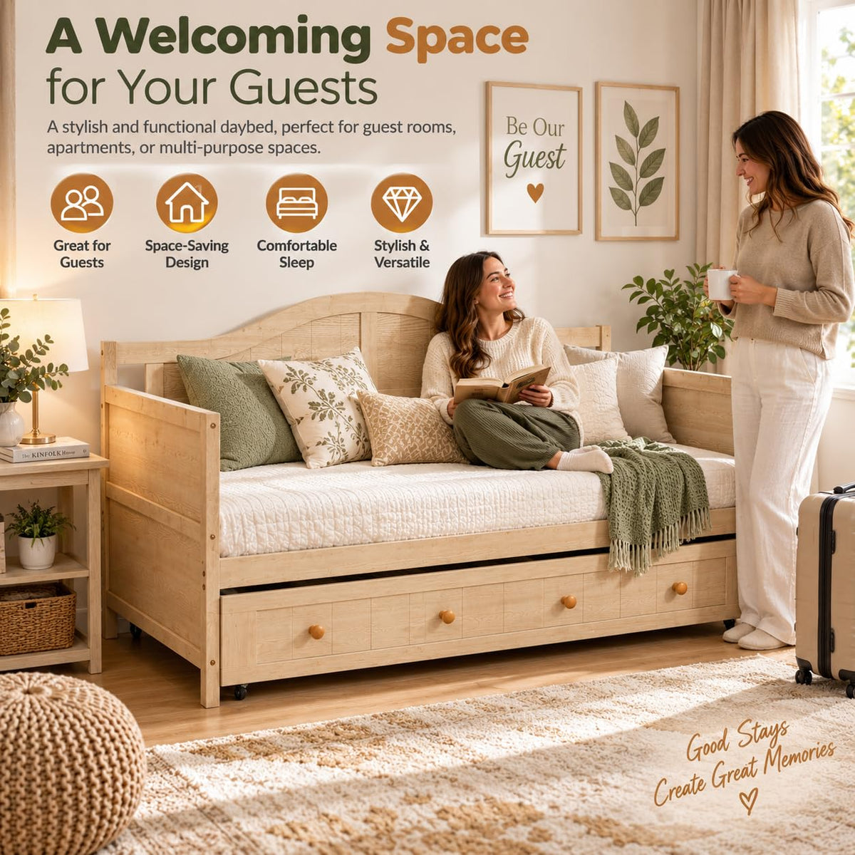 Twin Trundle Bed Frame, Twin Size Daybed with Rolling Trundle, Natural