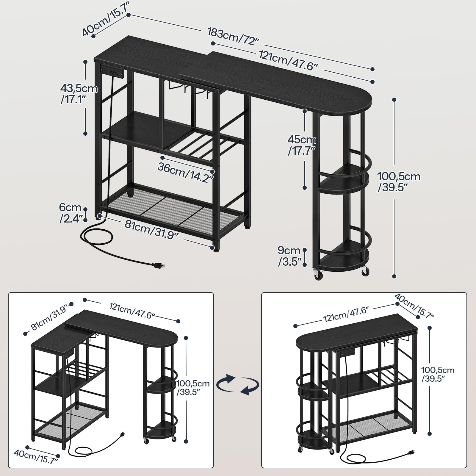 L-Shaped Bar Table with Charging Station