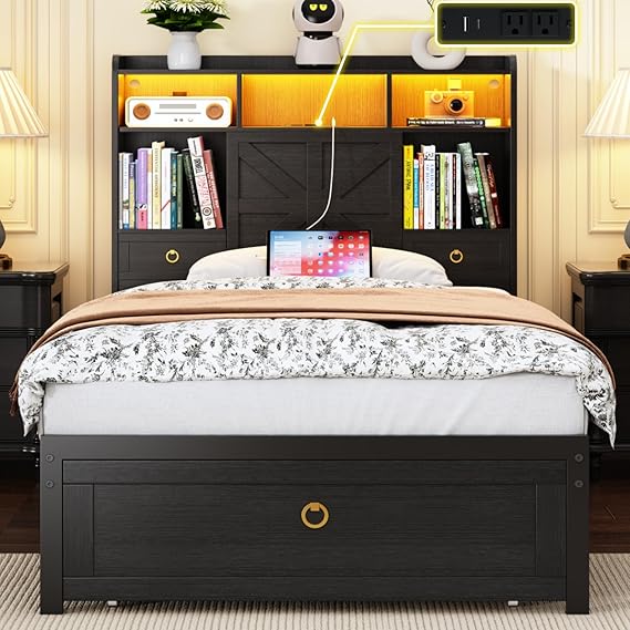 Platform Bed Frame with LED Lights, Storage & Charging Station