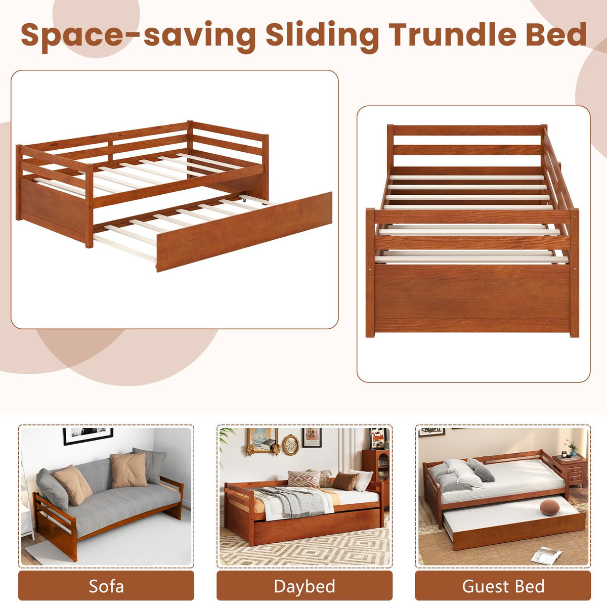 GIANTEX Twin Daybed with Trundle, Wood Trundle Bed with Wood Slat Support, Mid Century Day Bed Frame for Living Room Guest Room, No Box Spring Needed, Walnut