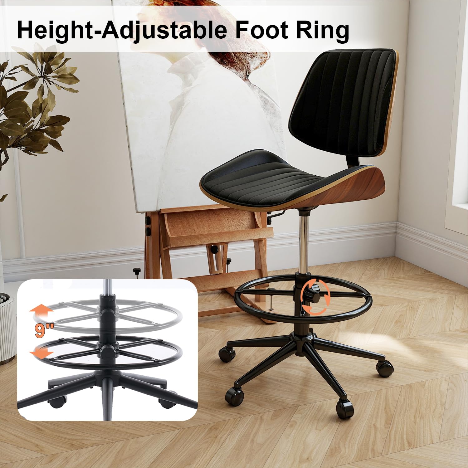 Ergonomic Drafting Chair with Walnut Wood Back