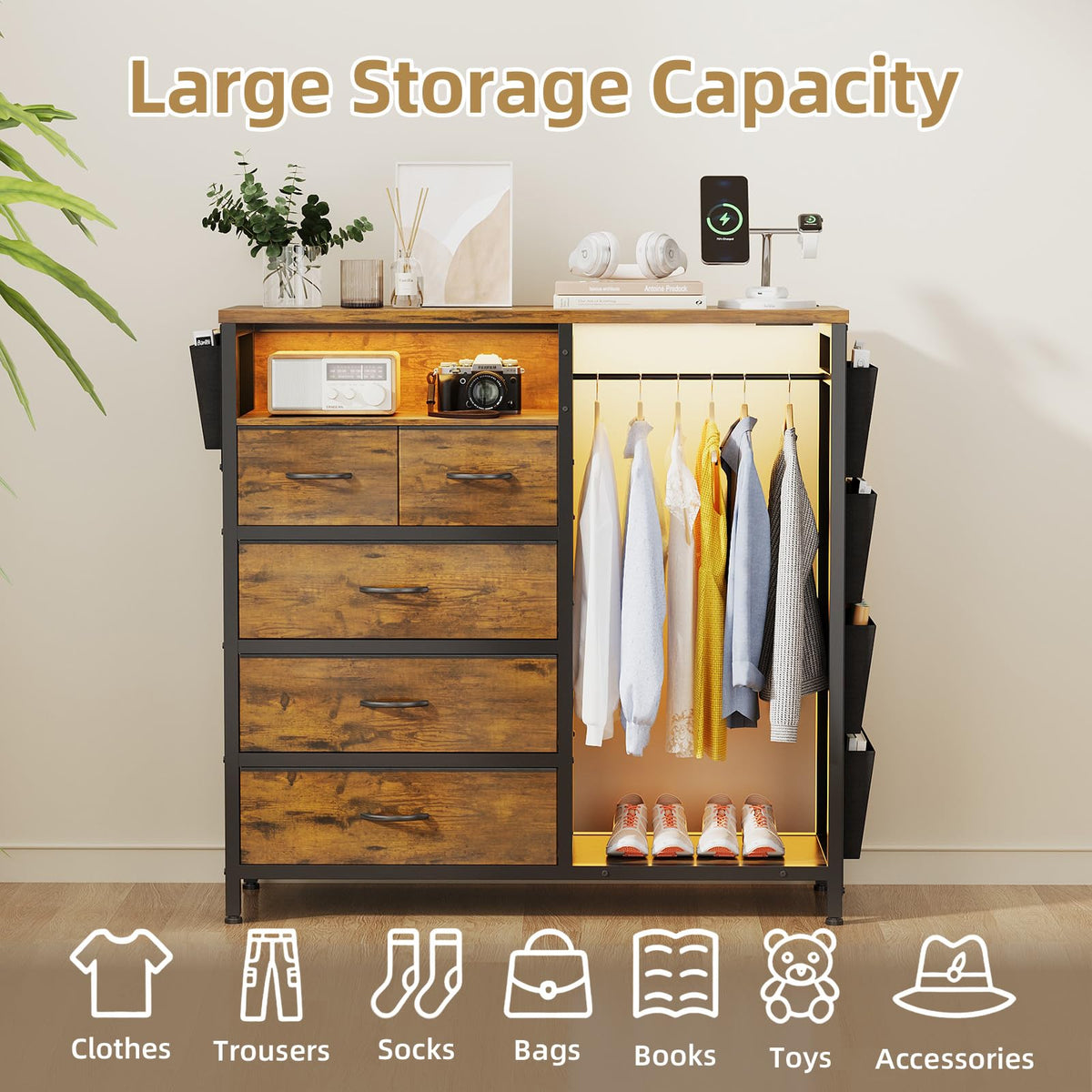 Dresser with Clothes Rack, 5 Drawer Chest with Charging Station & LED