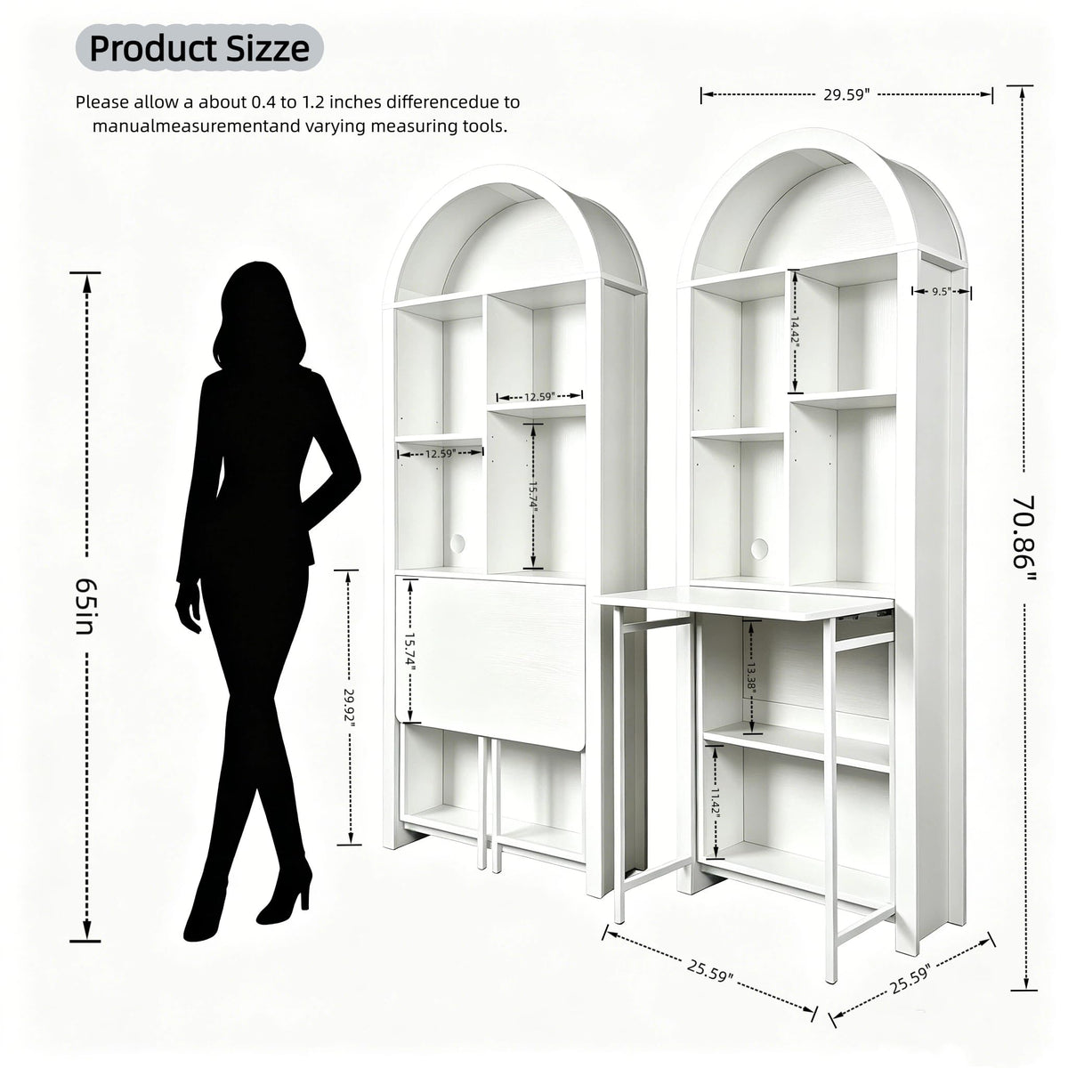 FNK Folding Arched Bookshelf Narrow Bookcase with Hideaway Craft Desk