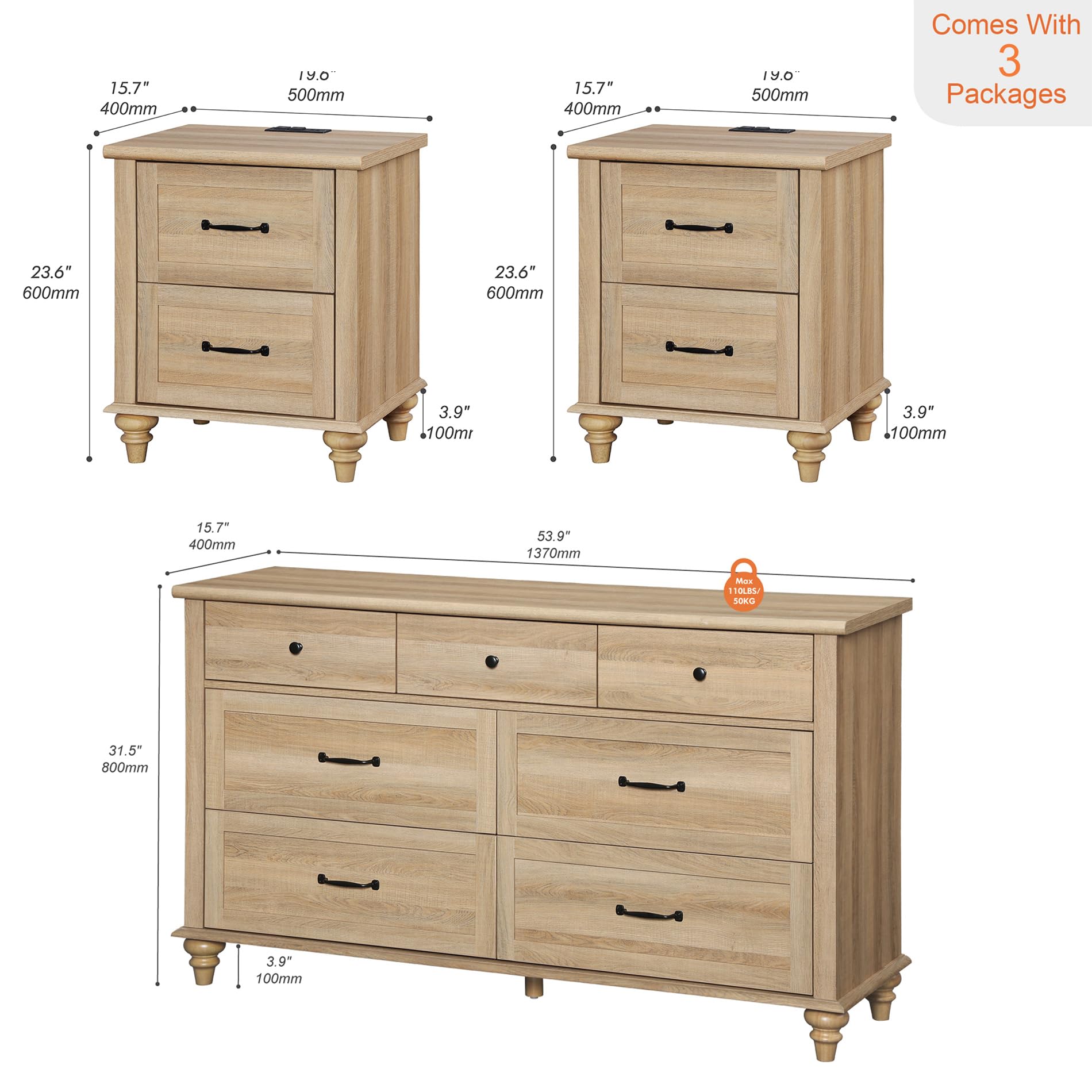 3-Piece Bedroom Set with 7-Drawer Dresser & Nightstands with Charging Station – Oak