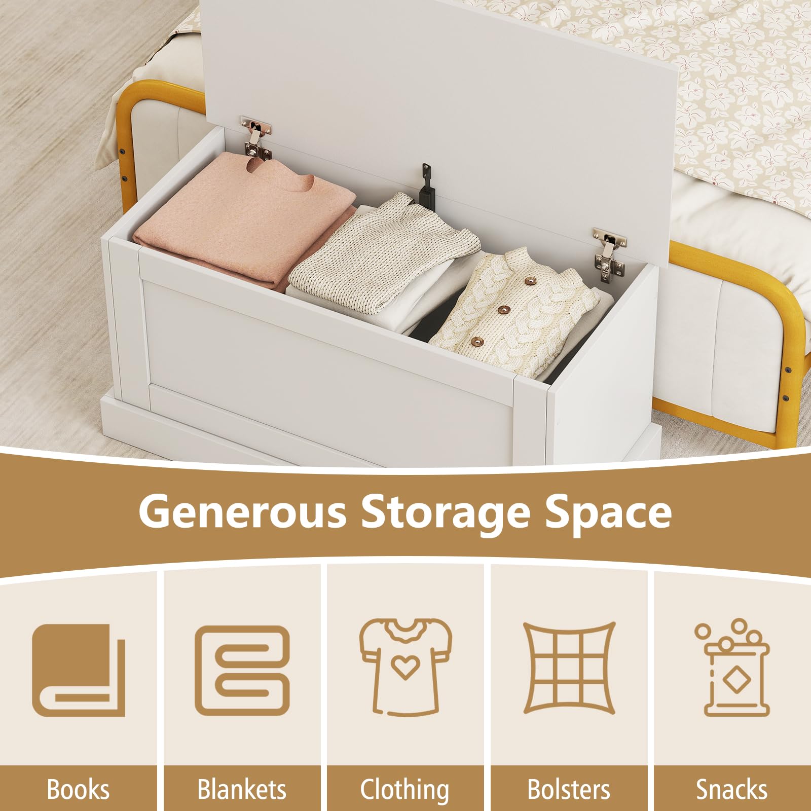 LOKO 35.5” Storage Chest, Lift Top Storage Box with Metal Hinges, Wooden Storage Bench with Safety Hydraulic Strut, Large Modern Storage Trunk for Living Room, Bedroom, Entryway (White)