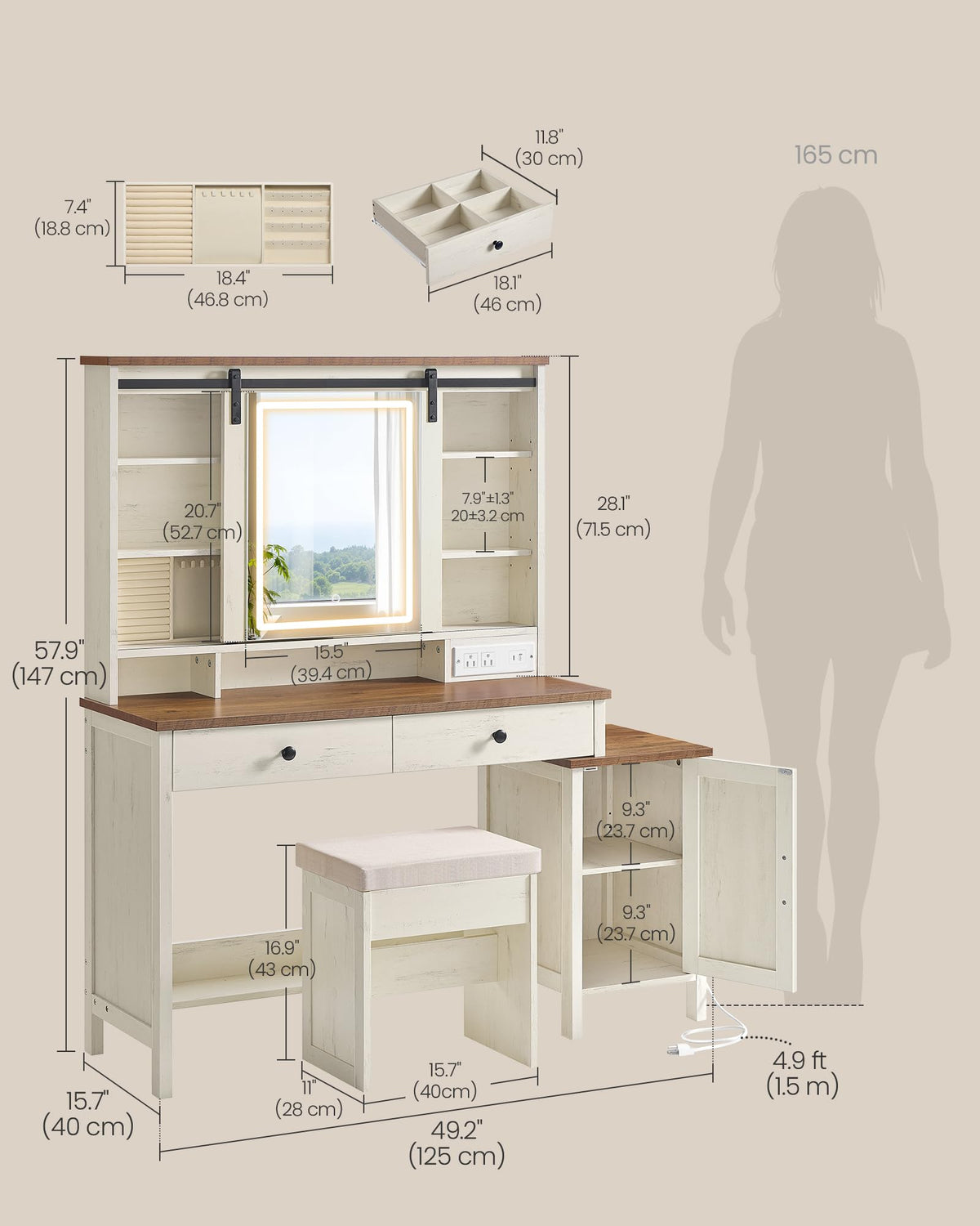 Farmhouse Vanity Desk with Lighted Mirror