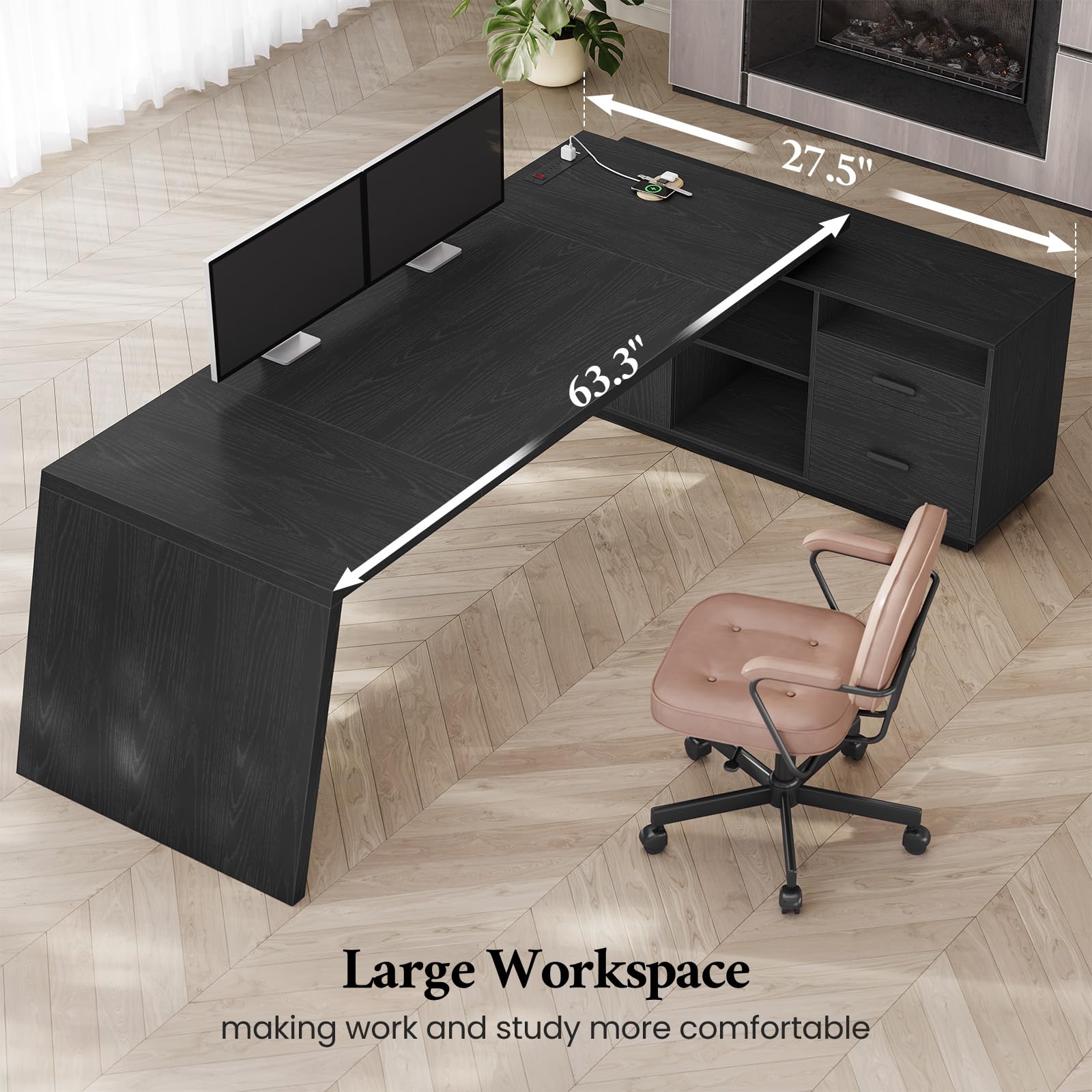 ANGRYWIN 78" L Shaped Executive Desk with Power Outlets, Large Storage Drawers & File Cabinet for Home Office, Modern Computer Desk with Shelves, Black Business Furniture