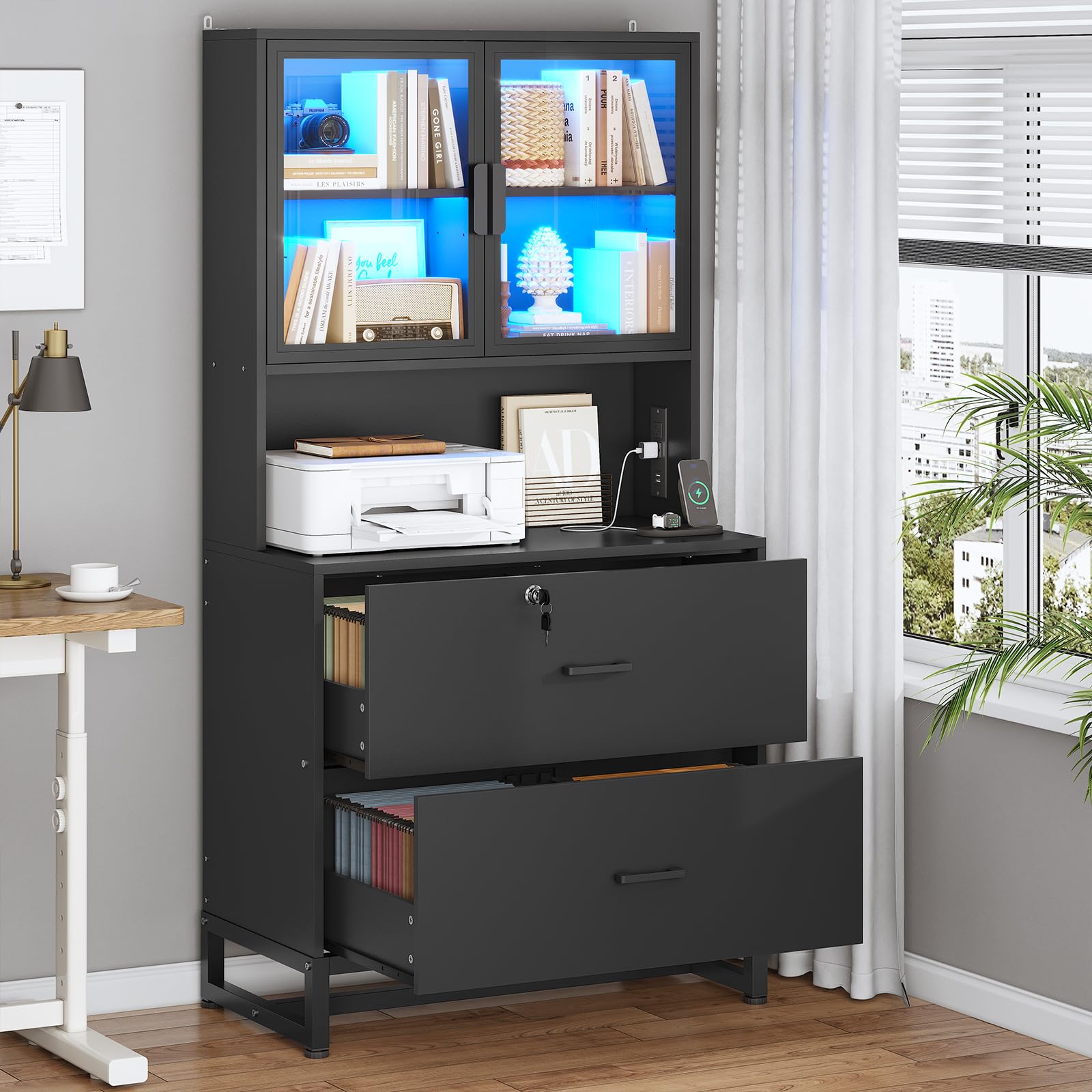 2-Drawer File Cabinet with Lock, Charging Station & Bookshelf