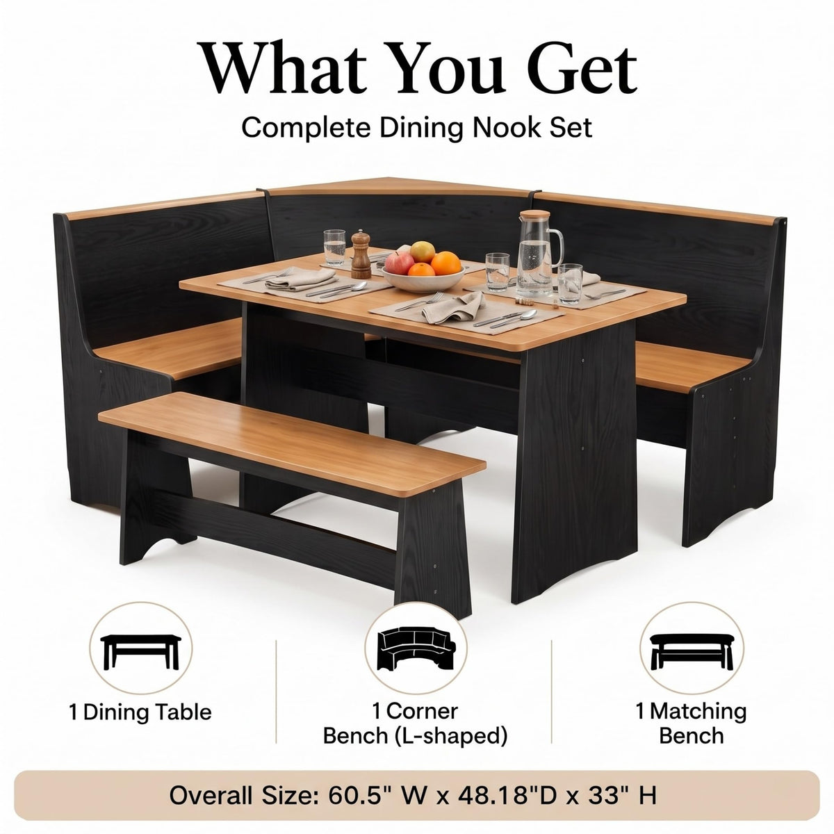 Dekoryn Corner Breakfast Nook Table Set, Black and Natural