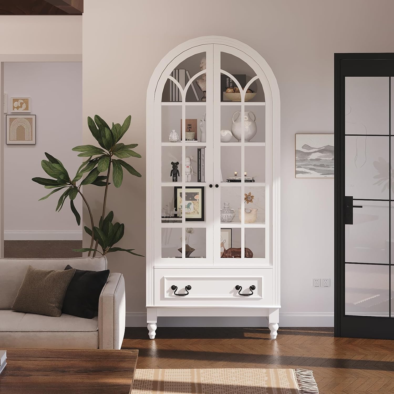 Arched Kitchen Pantry Cabinet with Glass Doors