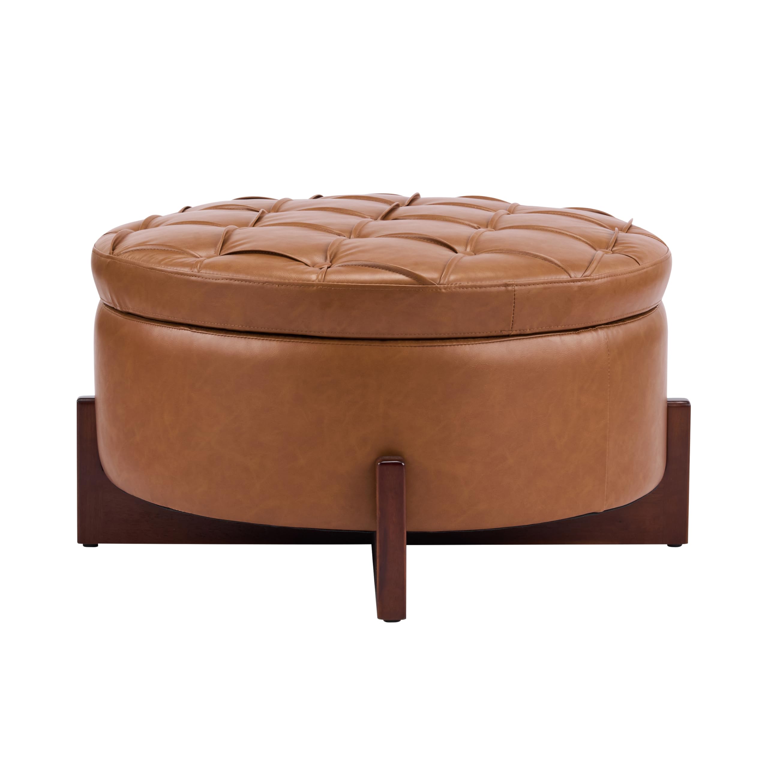 Christopher Knight Home 32" Round Storage Ottoman with Reversible Wooden Lid, Faux Leather Tufted Coffee Table, 2-in-1 Storage Ottoman, Hidden Storage Compartment, Solid Rubber Wood Base, Brown