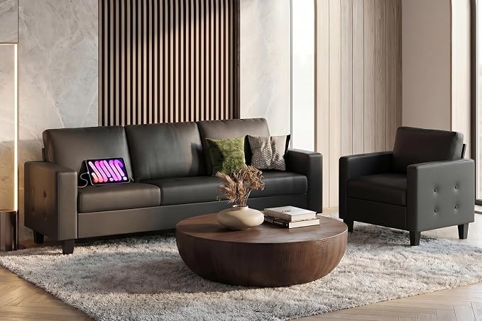 Black Faux Leather Sofa and Chair Set