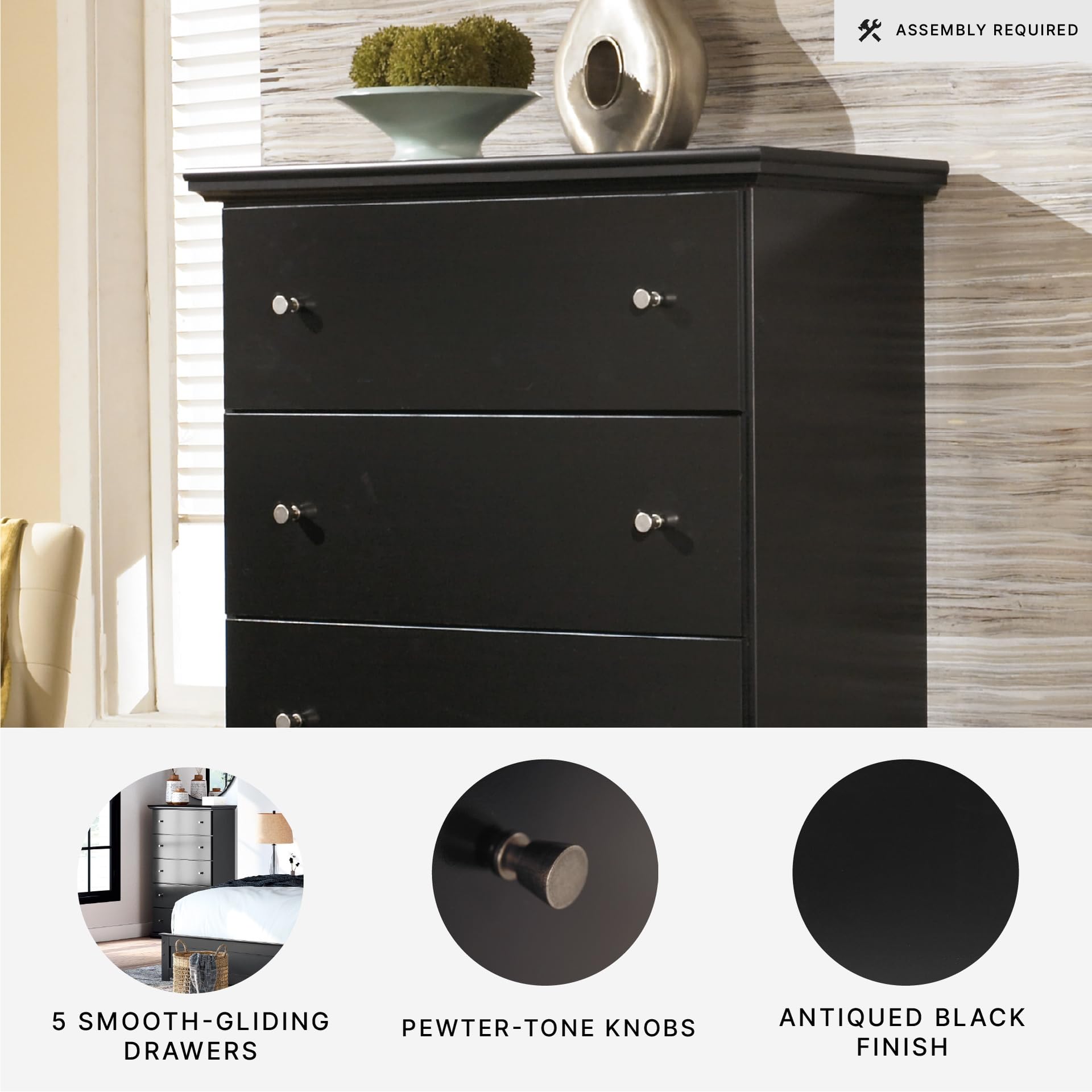 Signature Design by Ashley Maribel Modern 5-Drawer Chest with Anti-Tipping Design, Black