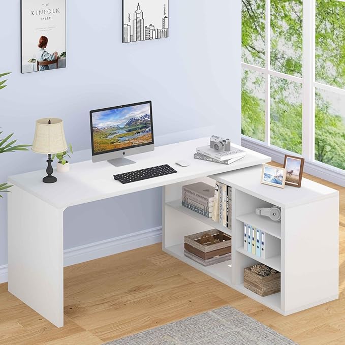 L-Shaped Corner Desk with Storage Shelves & Cabinet