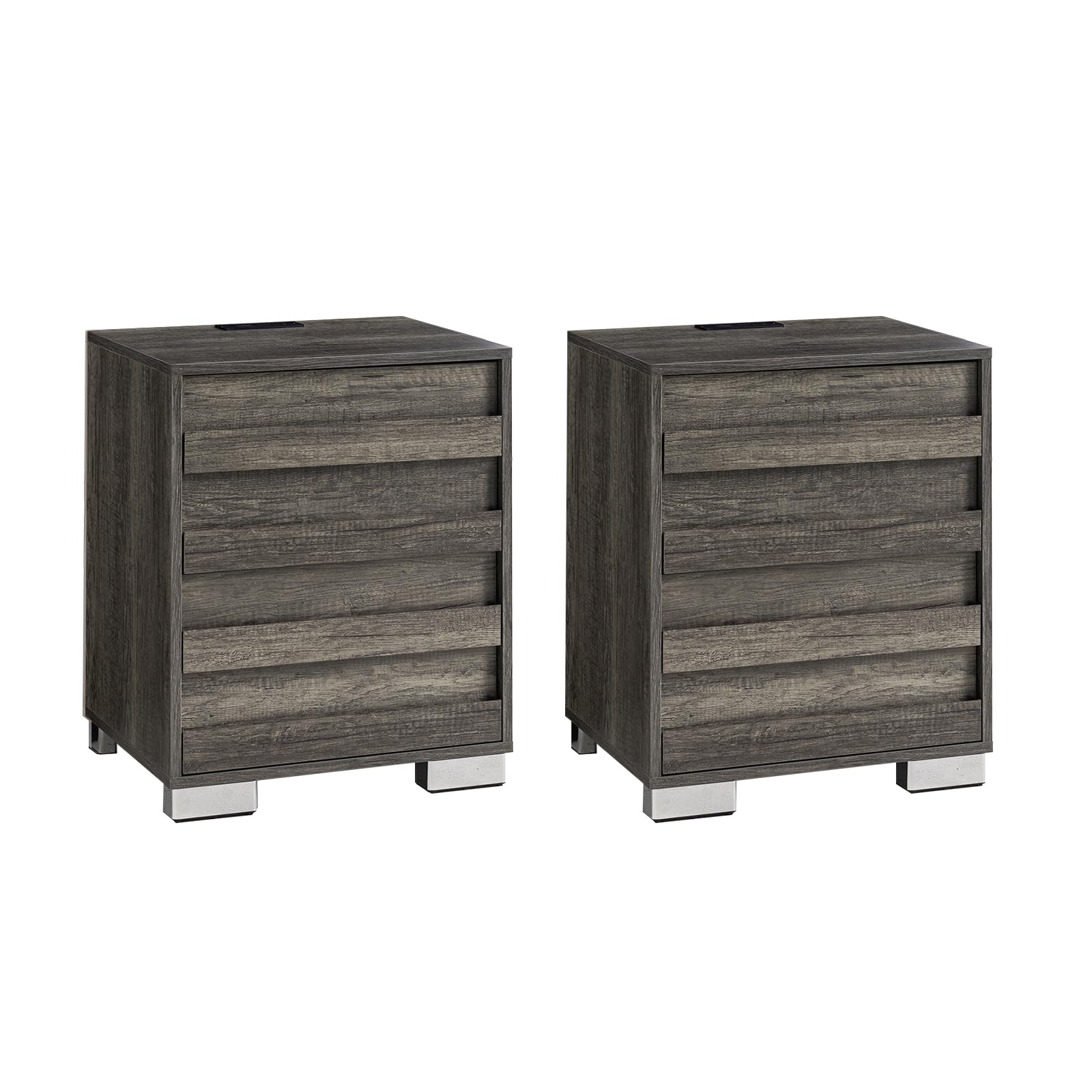 LUXOAK End Table Set of 2 with Charging Station, Farmhouse Side Table with Slated Handles, Nightstands with Stainless Steel Feet for Bedroom & Living Room, Rustic Grey