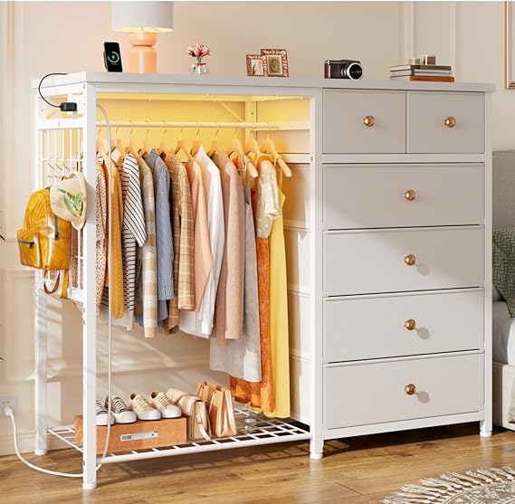 6-Drawer Dresser with Hanging Rack & LED Lights