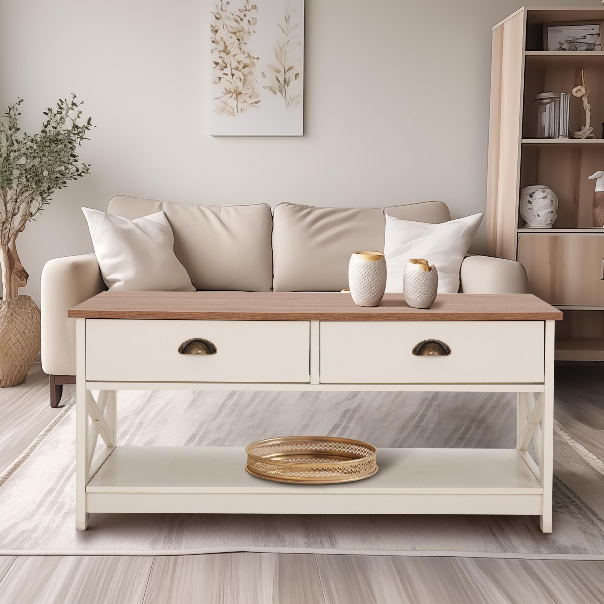 PHI VILLA Coffee Table for Living Room - Farmhouse Modern Coffee Tables with Storage, Ivory White Coffee Table