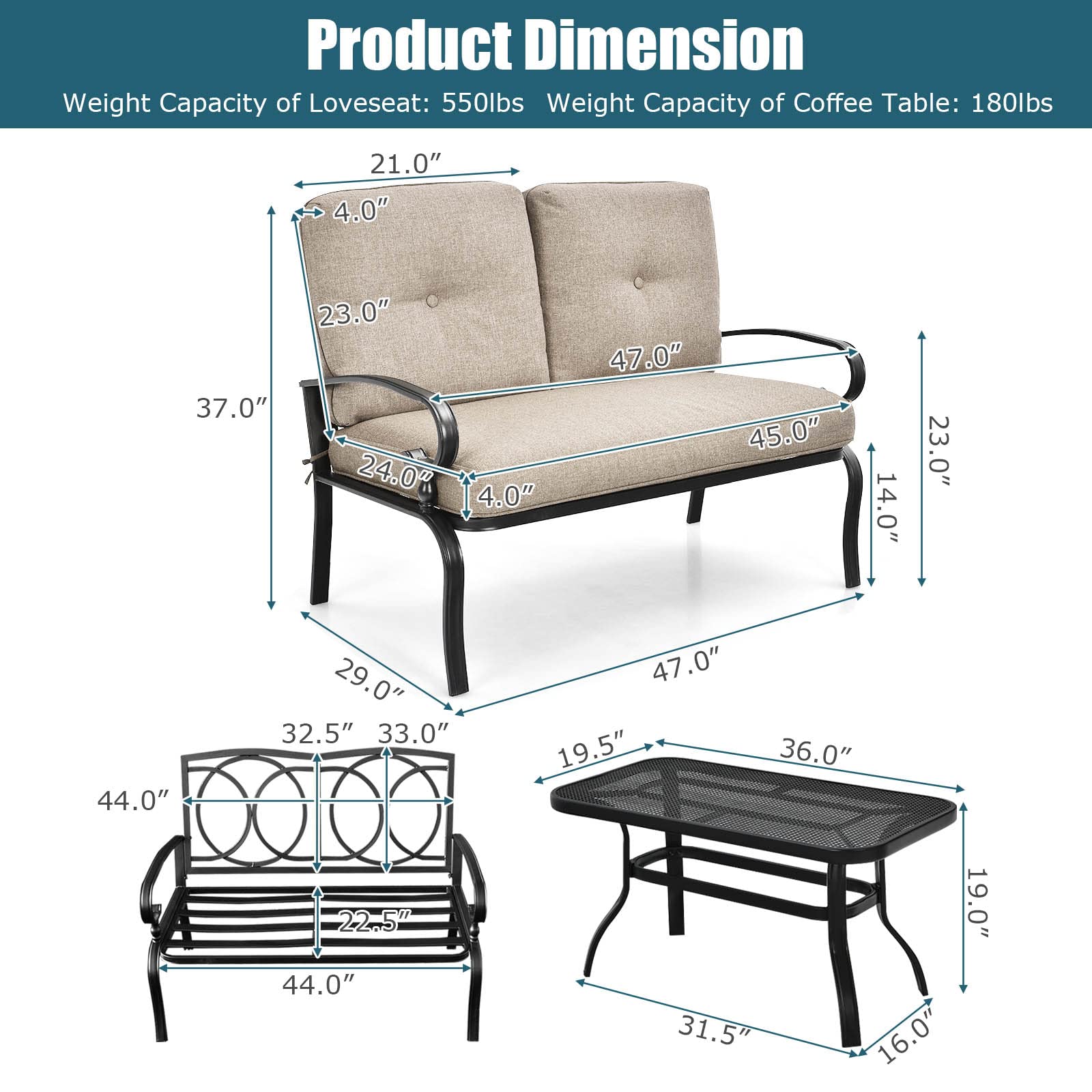 2-Piece Patio Loveseat & Coffee Table Set