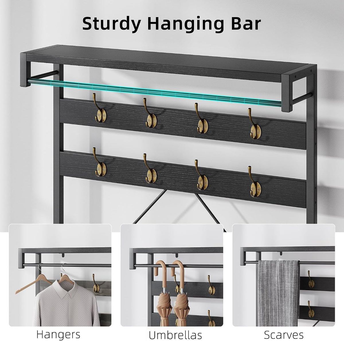 Hall Tree with Shoe Storage Bench, 100cm Entryway Coat Rack, Metal Frame Hallway Bench with Clothes Organizer, Multifunctional Shoe Rack Bench for Hallway, Sturdy Particleboard Seating for Entryway
