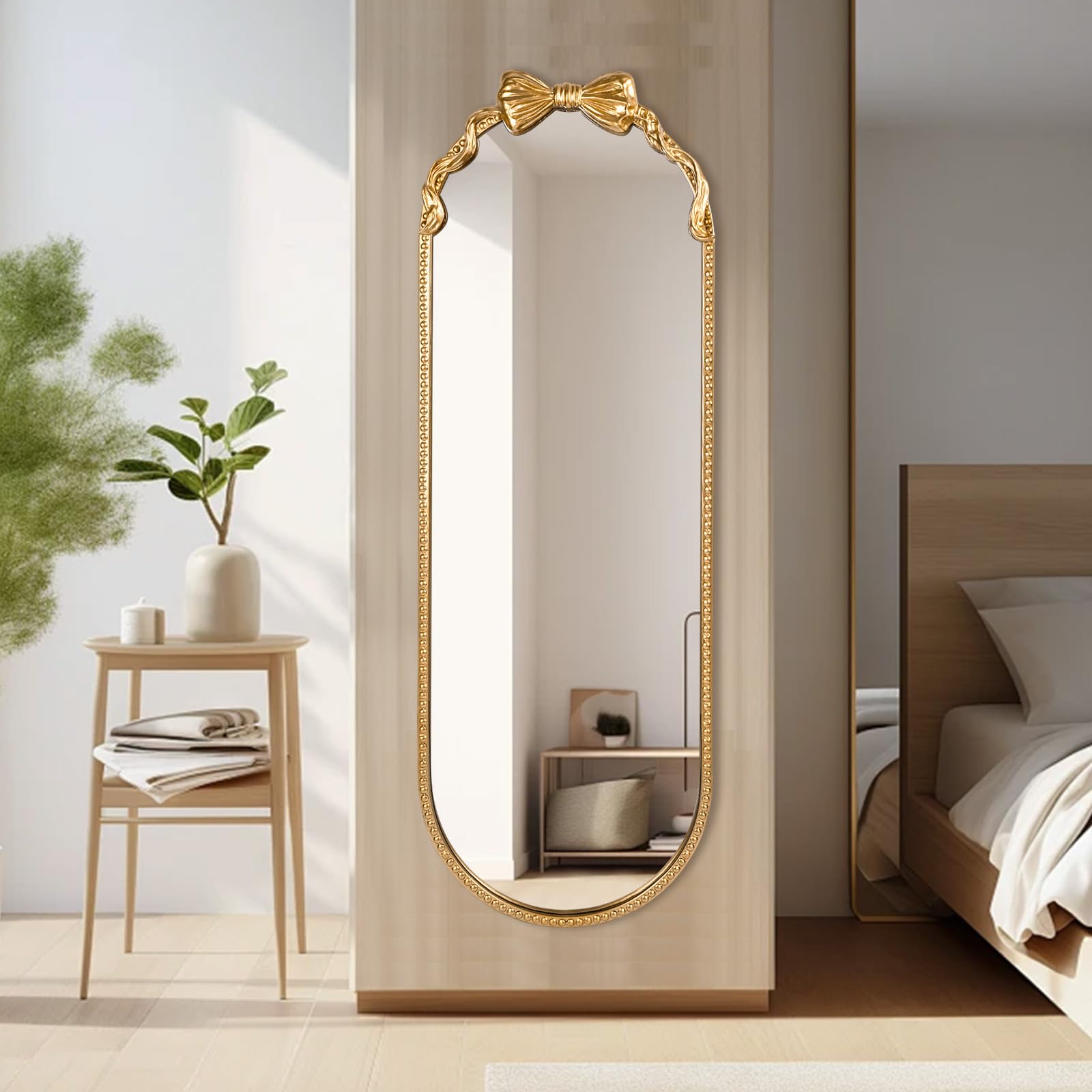 Fobule Oval Full Length Mirror, 16"x47" Gold Bow Metal Beaded Frame Large Hanging Dressing Floor Mirror for Bedroom, Living Room, Entryway