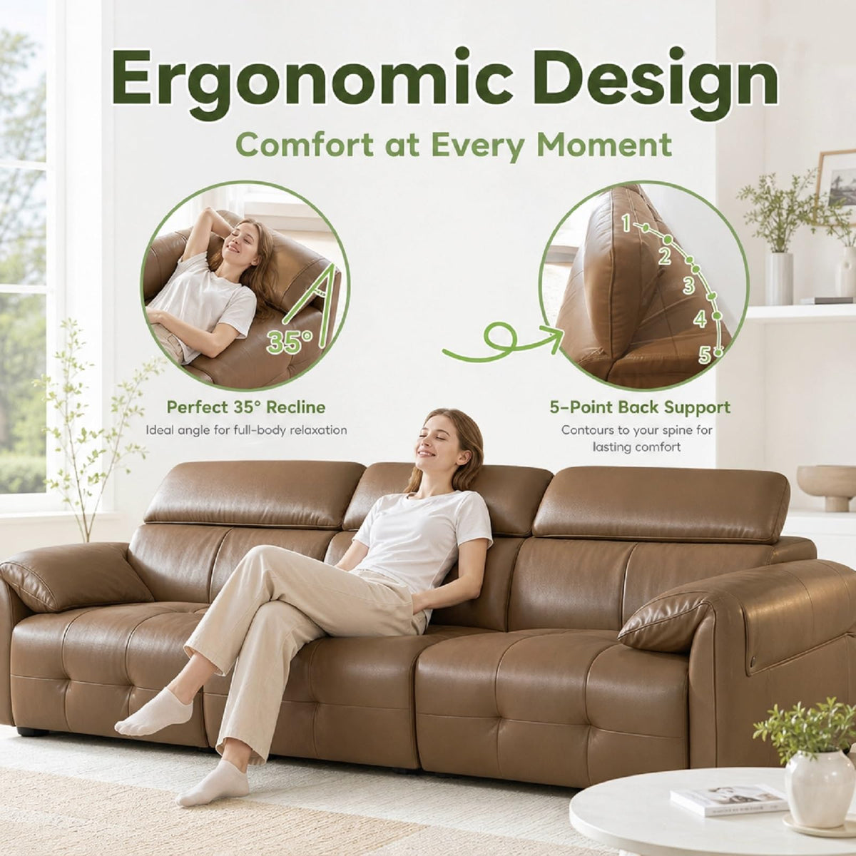 Genuine Leather Sofa with Adjustable Headrests, 122" Modern Modular Sectional Couch with Drop-Down Cup Holder Console, 3-Seater Leather Couches with Solid Wood Frame for Living Room, Office, Brown