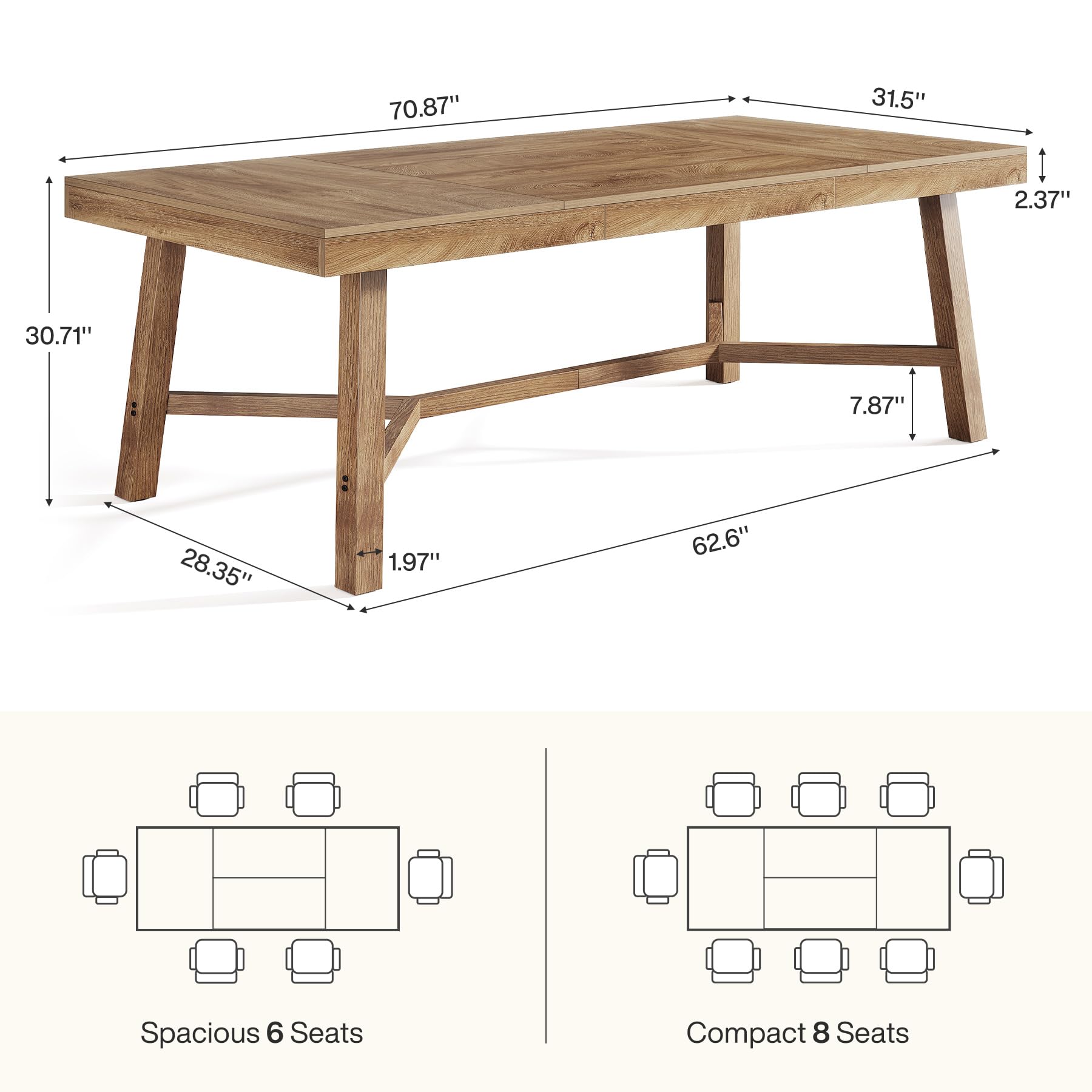 Tribesigns 70.9-Inch Dining Table for 6-8, Large Farmhouse Kitchen Table with Reinforced Metal Legs for Kitchen & Dining & Living Room, Natural
