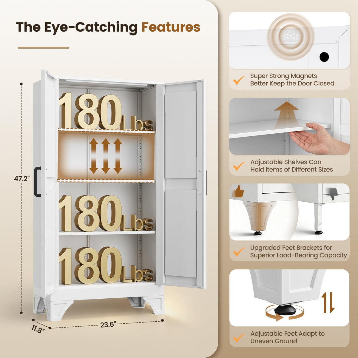 Yizosh Metal Storage Cabinet with 2 Doors and 3 Adjustable Shelves