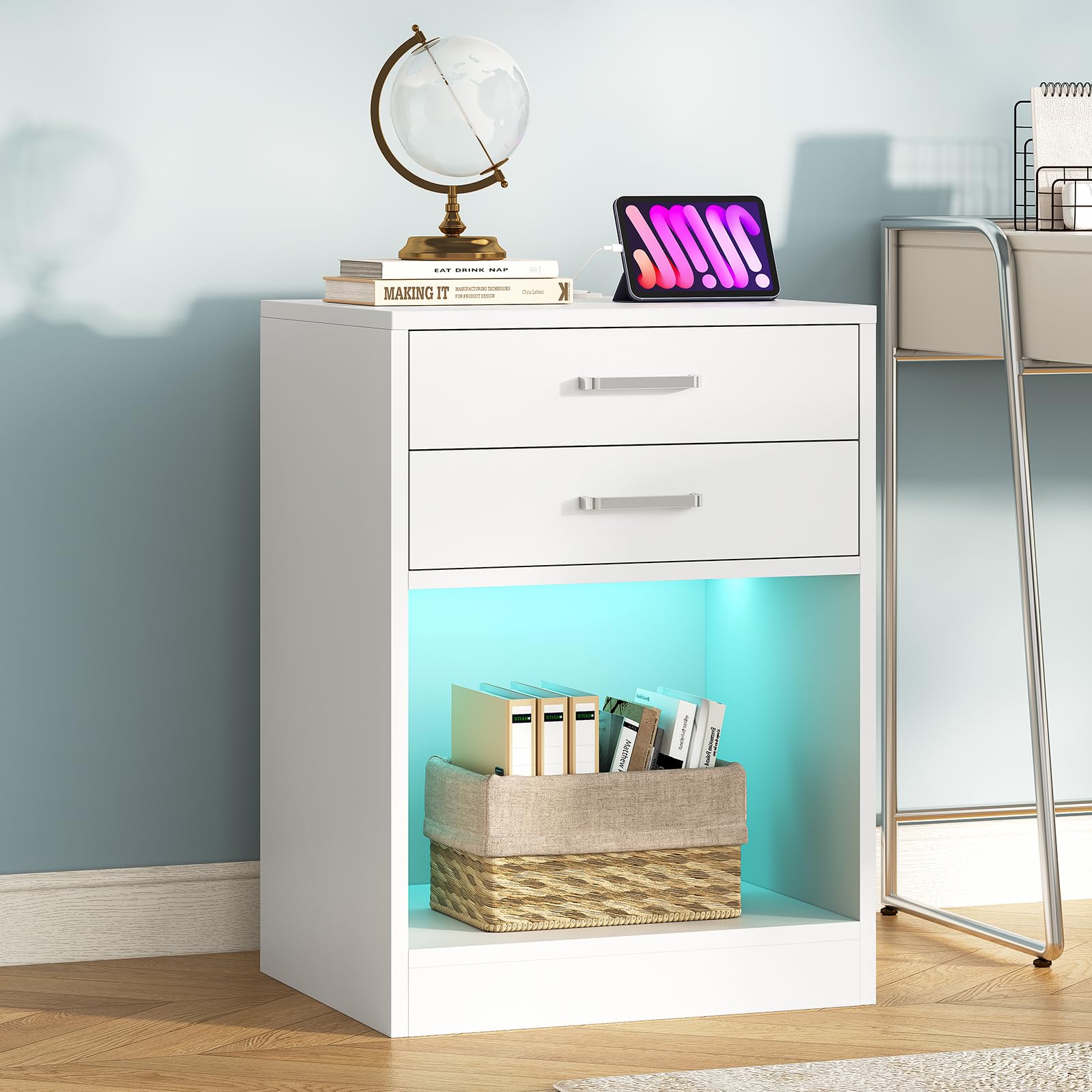 ADORNEVE LED Nightstands Set of 2,Night Stands for Bedrooms Set of 2,Nightstand with Charging Station and LED Lights,White Bedside Table with Power Outlets & Drawers,Modern End Side Table