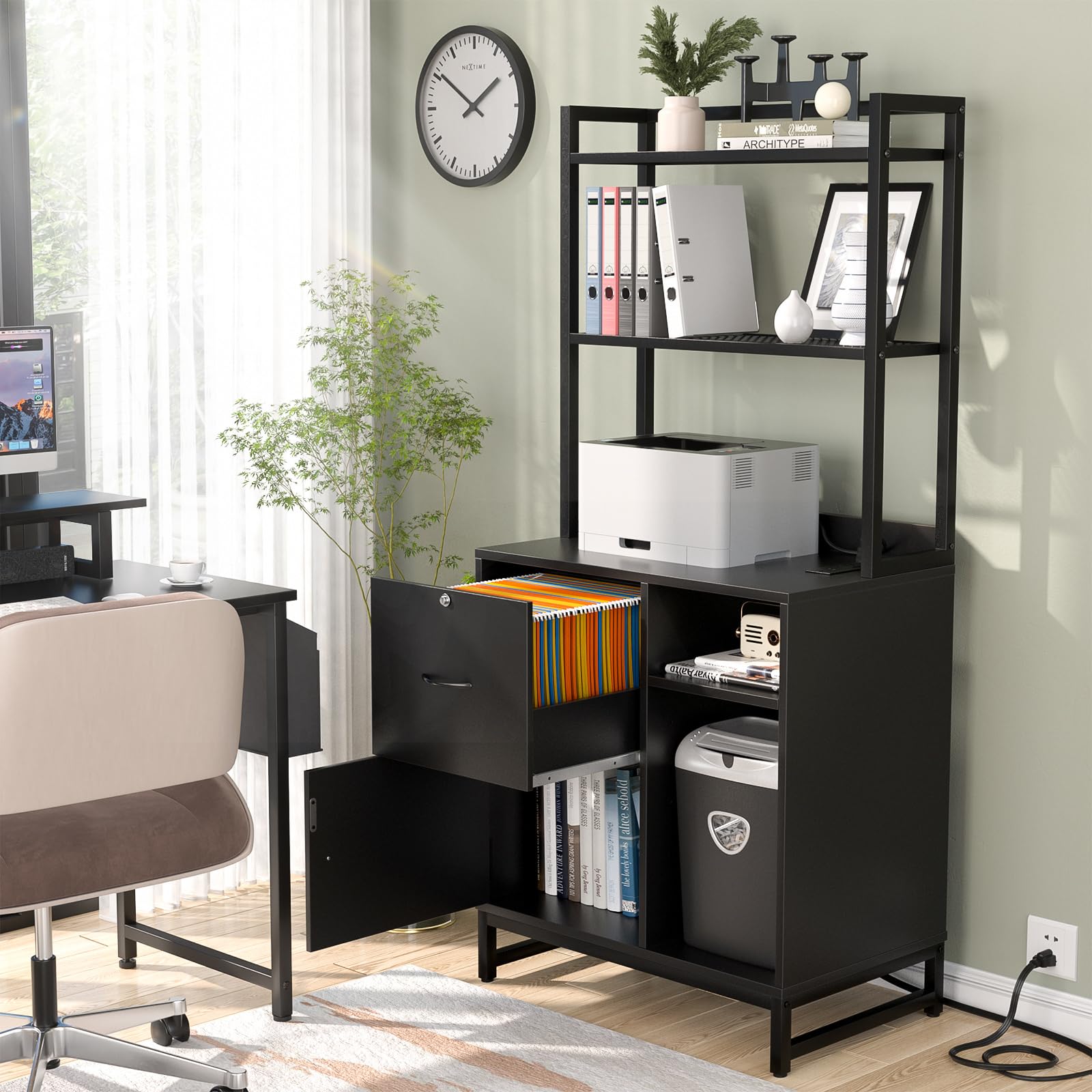 Homieasy Vertical Filing Cabinet with Bookshelf for Home Office, File Cabinet with Shelves, Lock & Charging Station, Drawer Office File Cabinets with Printer Stand, fits Letter Size, Black