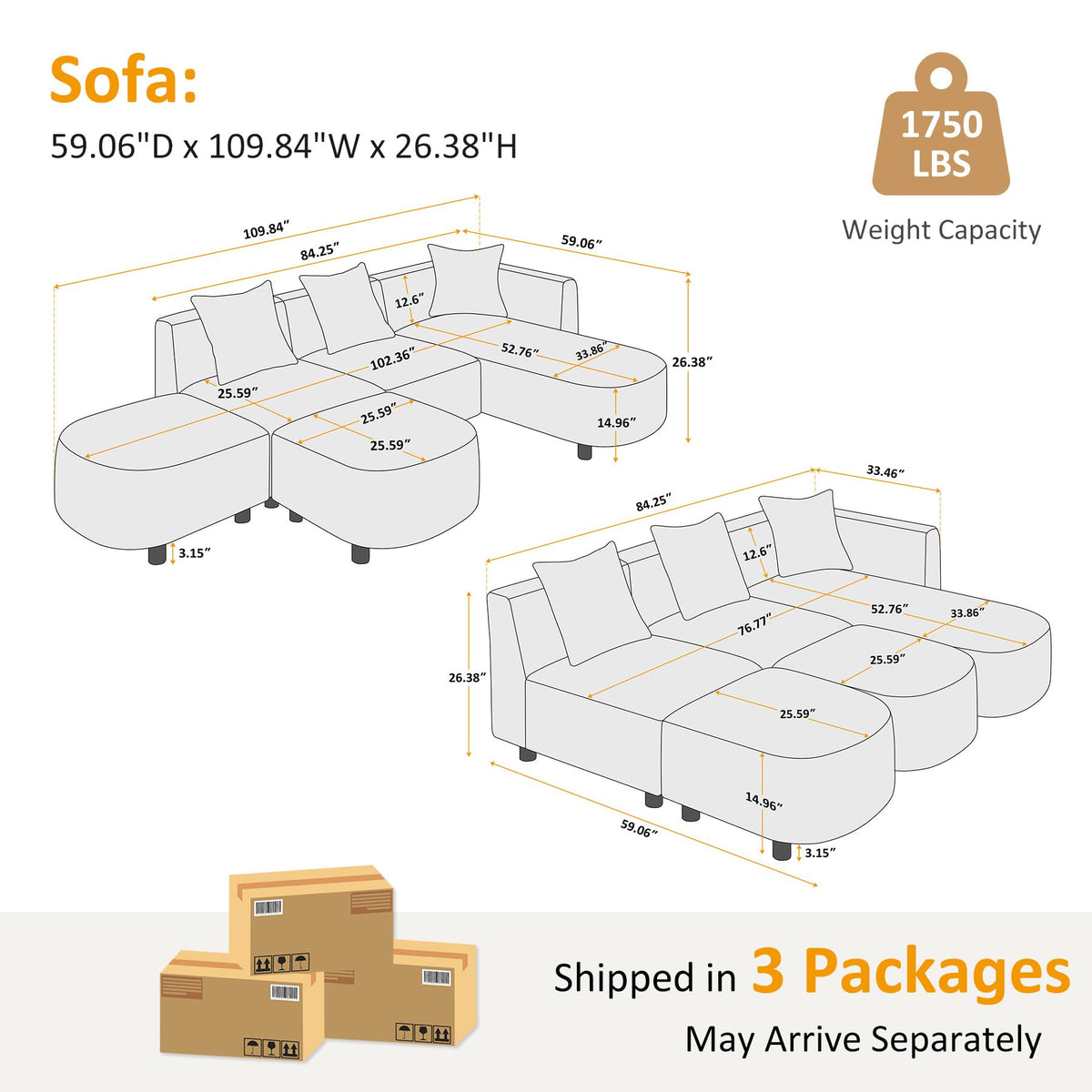 VANOMi 109.84" Modular Sectional Sofa with Pillows, 5-Seater, Dark Gray