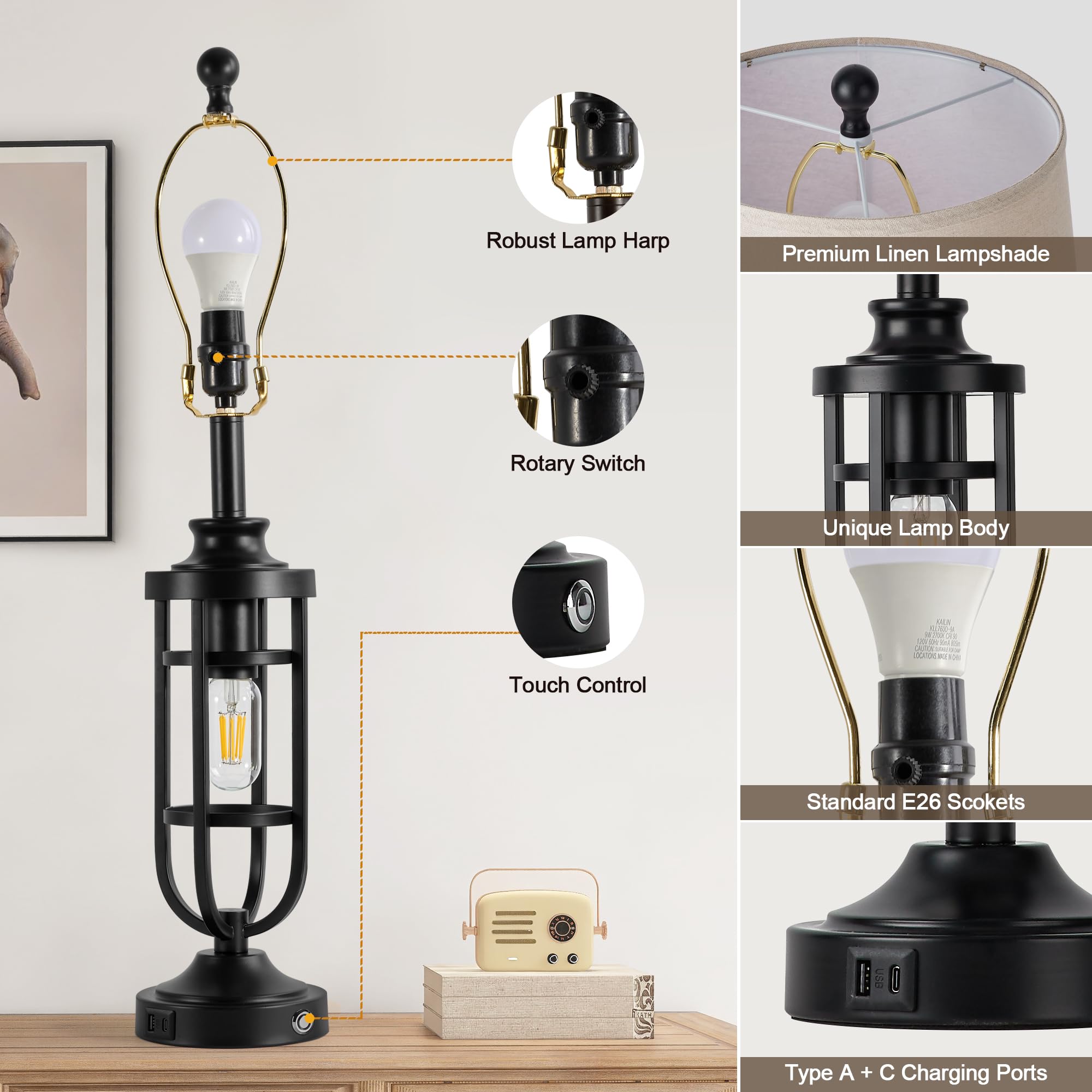 SRJJRS Black Table Lamps for Living Room Set of 2, 28" Farmhouse Lamps for Night Stands with USB A+C, Bedside Table Lamps for Bedroom, Bulbs Included