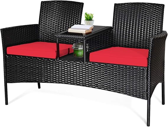 Outdoor Wicker Loveseat Sofa Set with Built-In Coffee Table