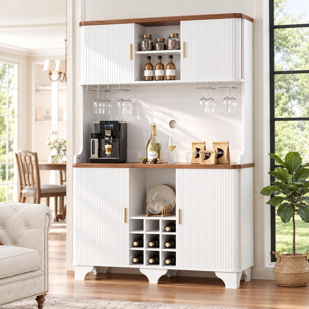 OneBlis 71" Tall Fluted Wine Bar Cabinet with Charging Station, White
