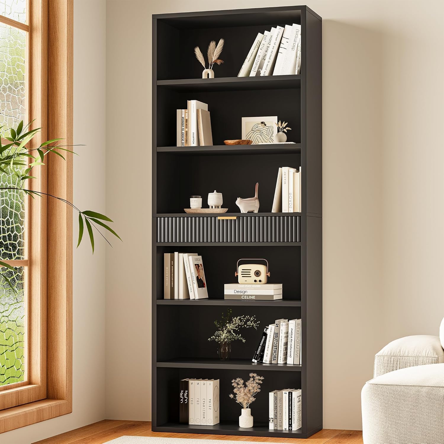 INNOD 7-Tier Bookshelf with Storage, 72" Tall Bookcase with Drawer, Display Book Shelf Book Organizer with Anti-tip Device, Home Decor Wood Furniture for Office, Bedroom, Living Room, Black