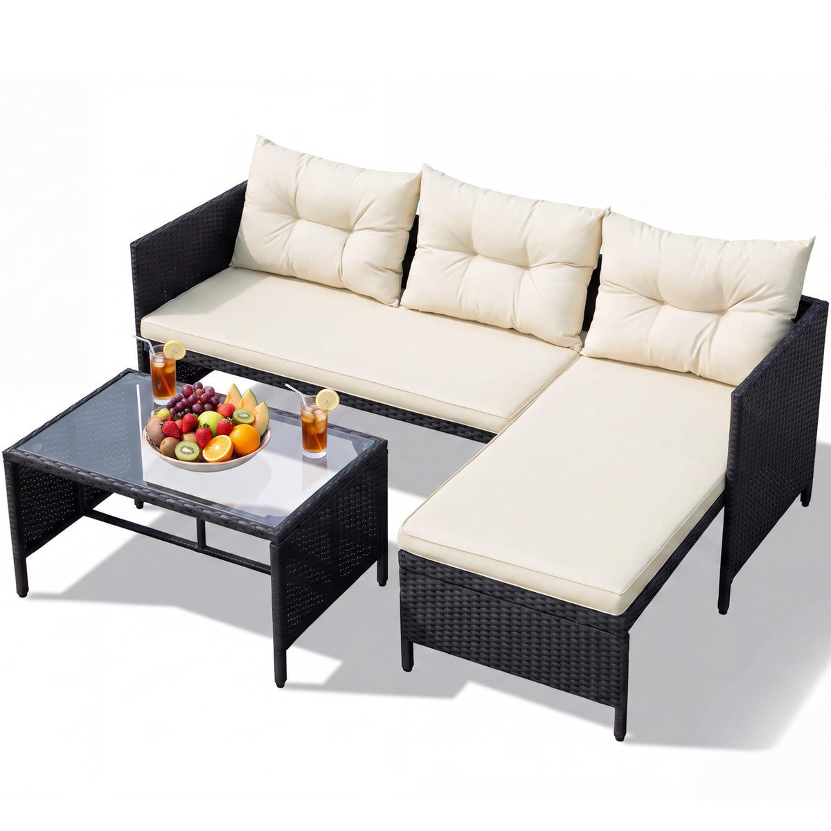 Greesum Patio Furniture Set 3 Piece Outdoor Wicker Sectional Sofa,Beige